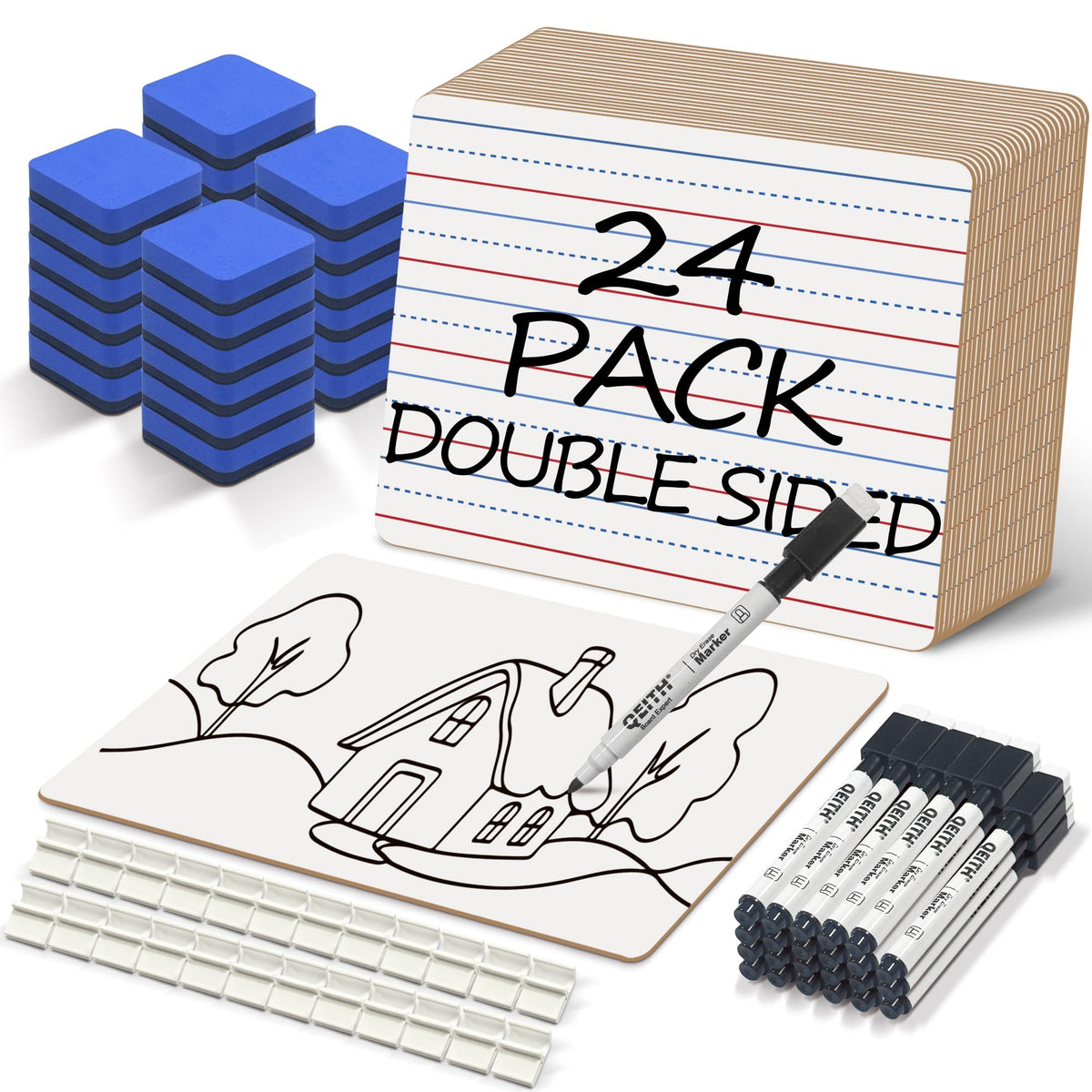 Dry Erase Boards, 24 Pack 9 x 12 Inch Mini Portable Practice White Boards with 24 Markers, 24 Erasers, Double Sided Personal Small Whiteboards with Lines for Kids, Students, Teachers Classroom School
