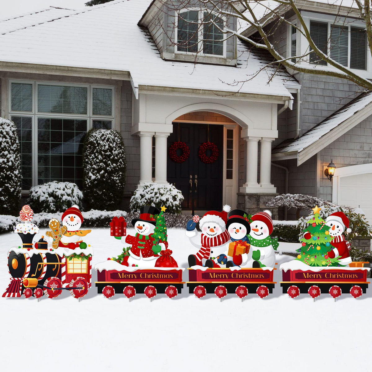 Marsui 4 Pieces Christmas Train Decorations Outdoor Yard Lawn Signs Christmas Tree Gingerbread Santa Snowman Reindeer Train with 8 Stakes for Xmas Holiday Outside Garden Lawn Yard Decor