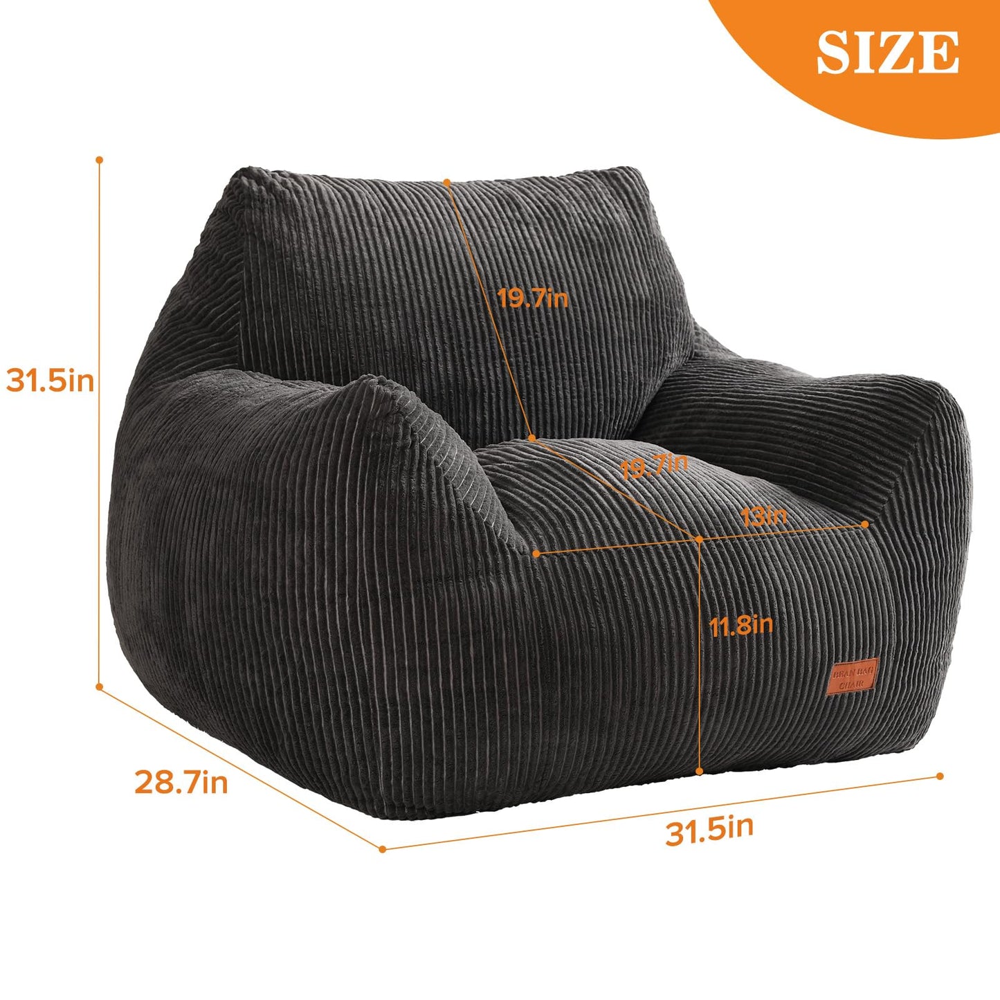 Vellorise Big Bean Bag Chair for Adults, Ultra Soft Living Room Bean Bag with Armrests, Stuffed BeanBag Chair for Napping, Gaming, Vacuum-Compressed for Easy Gifting, 48 Hours to Fluffs Up, Dark Gray