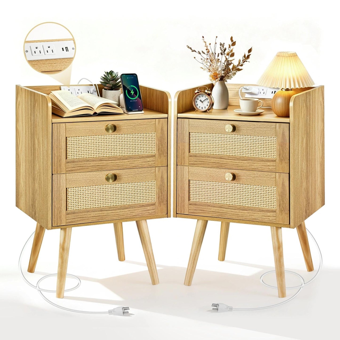 Nightstands Set of 2 with Charging Station, Modern Boho Rattan Bedside Tables with 2 Drawers,Open Storage End Tables for Bedroom, Small Spaces and Dorm, Solid Wood Legs,Natural