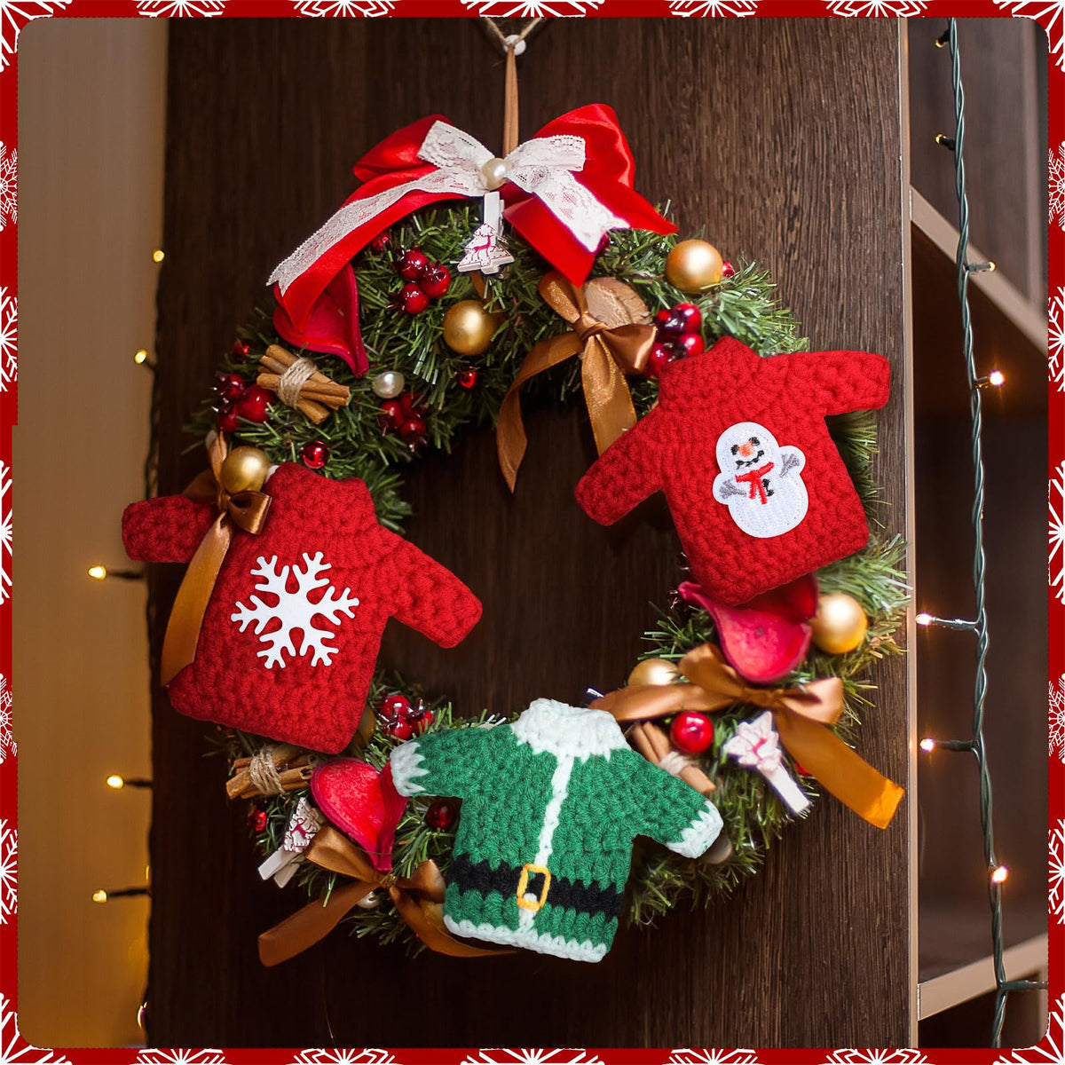 12 Pcs Handcrafted Crochet Ugly Sweater Ornament Christmas Red and Green Ugly Sweater Decorations for Christmas Tree Snowflake Gingerbread Reindeer Santa Hanging Decor for Xmas Winter Party Favors