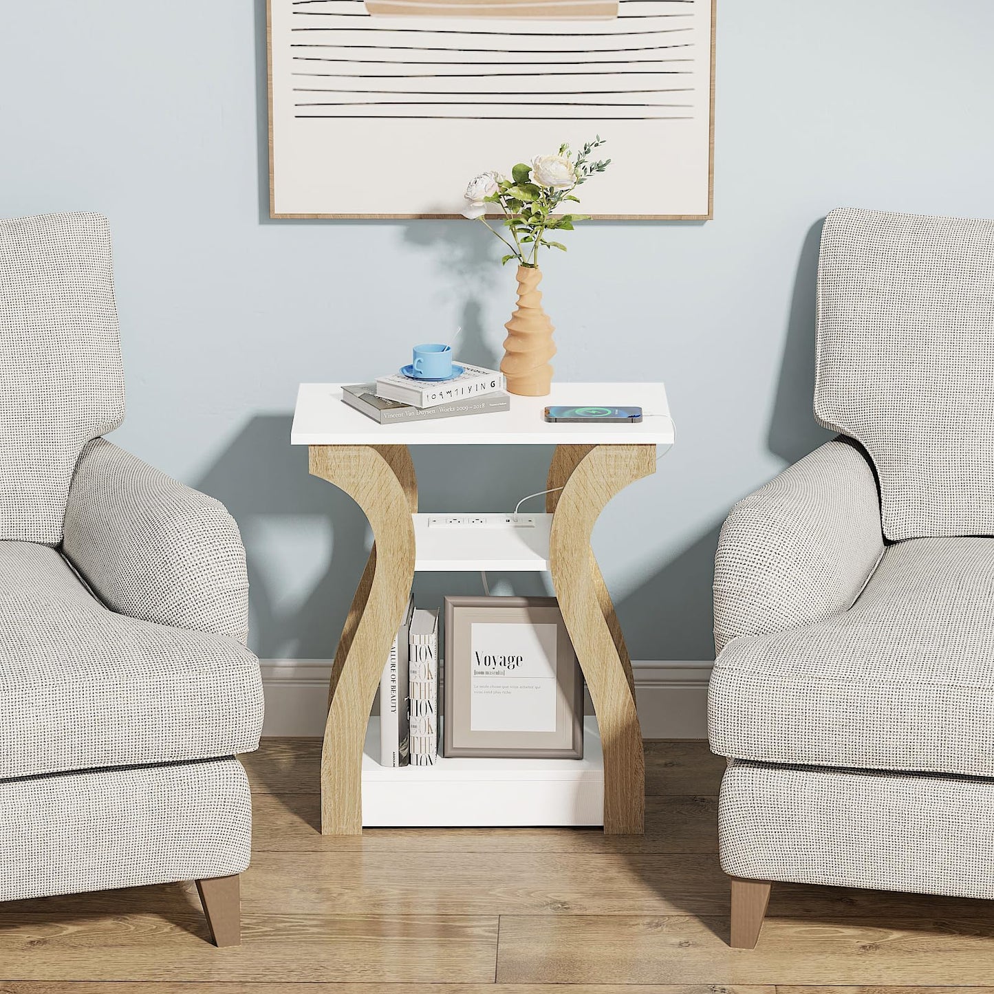 FROMJBEST End Table with Charging Station, Side Table with USB Ports and Outlets, Nightstand, 3 Tier End Table with Storage Shelf for Living Room, Bedroom (White)