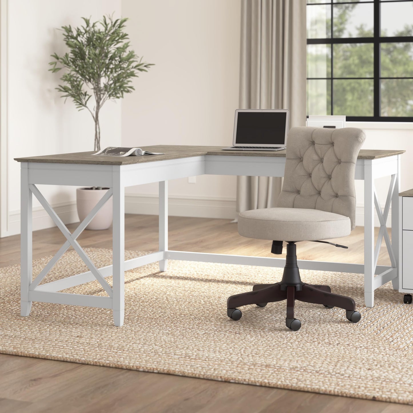 Bush Home Key West 60W Modern Farmhouse L Shaped Desk in Pure White and Shiplap Gray, 60-Inch Corner Computer Table for Home Office Workspace