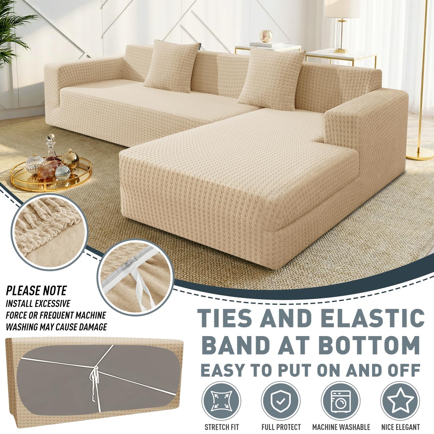 ZNSAYOTX Stretch Sectional Couch Covers New-Houndstooth Texture, Thick Slipcovers with Elastic Bottom for L Shape Sectional Sofa, 2 Pcs Pet Friendly Universal Protector (Chaise or Sofa), Khaki