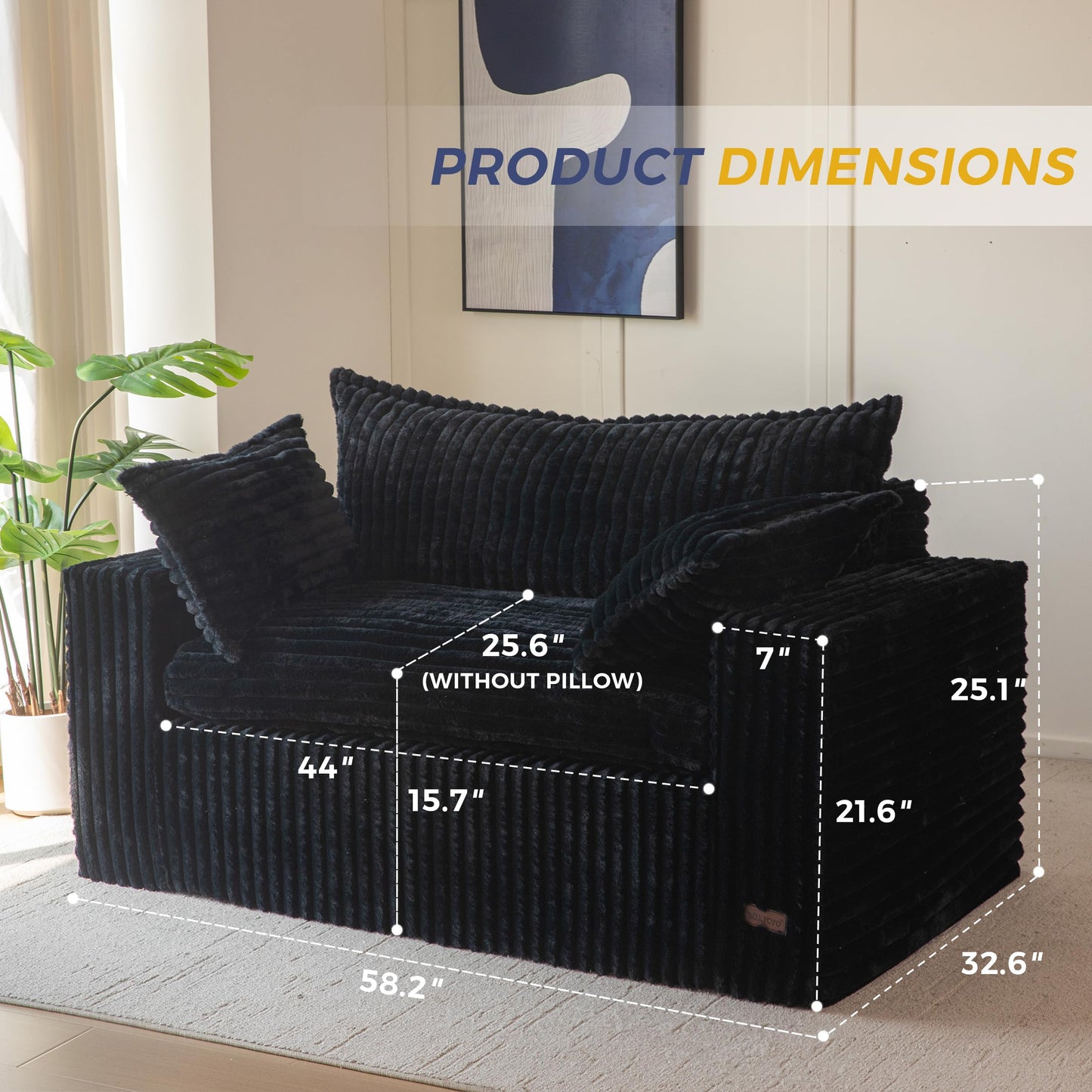 MAXYOYO 59" Bean Bag Sofa Couch, Loveseat Boneless Couch in a Box, Upholstered Small Mini Sofa with Deep Seating for Living Room Bedroom Office Apartment, No Assembly, Black
