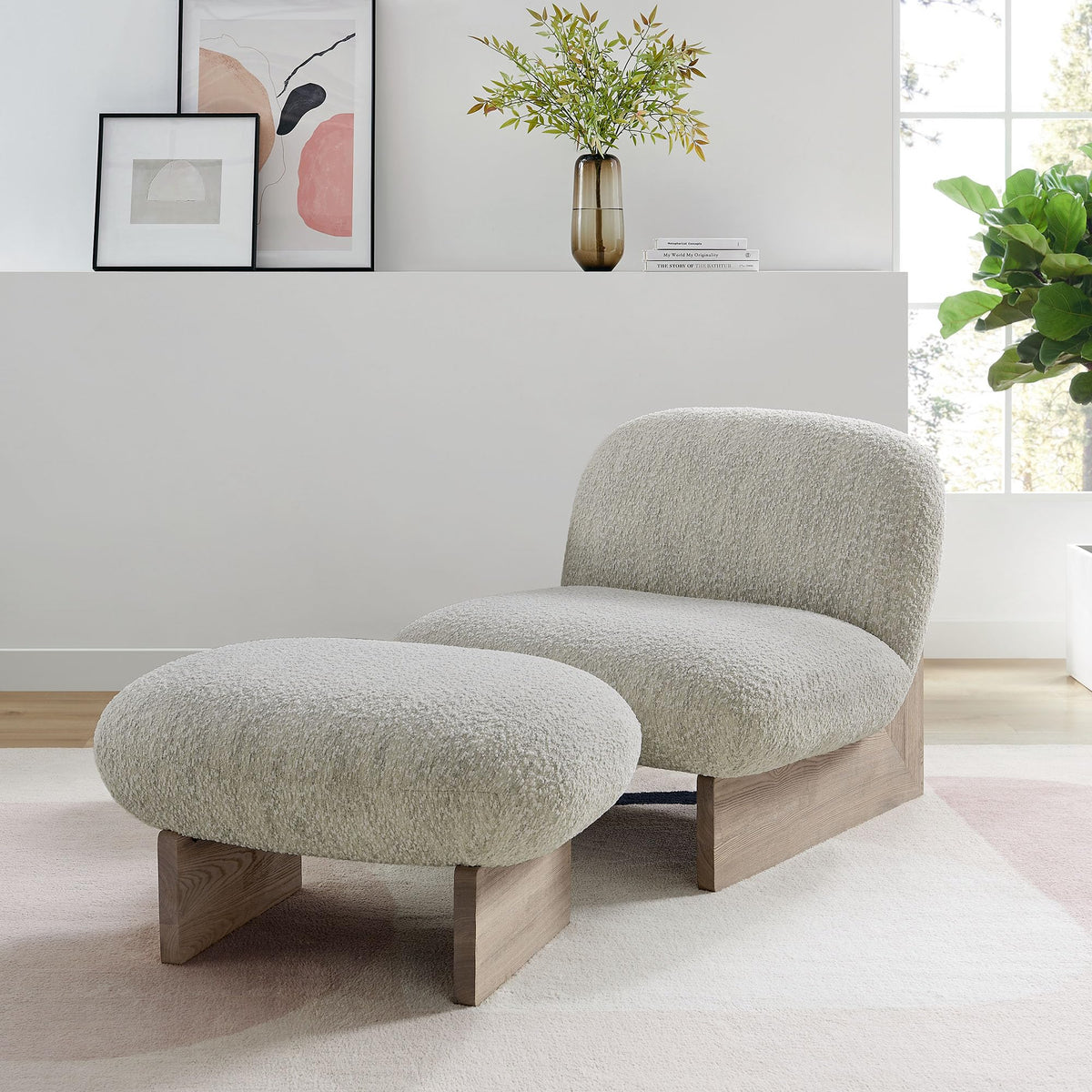 Modway Loyal Boucle Fabric Accent Chair with Ottoman in Pearl Oak - Comfy Modern Armless Lounge Chair with Footrest - Upholstered Round Sofa Chair and Footstool Set for Living Room or Bedroom
