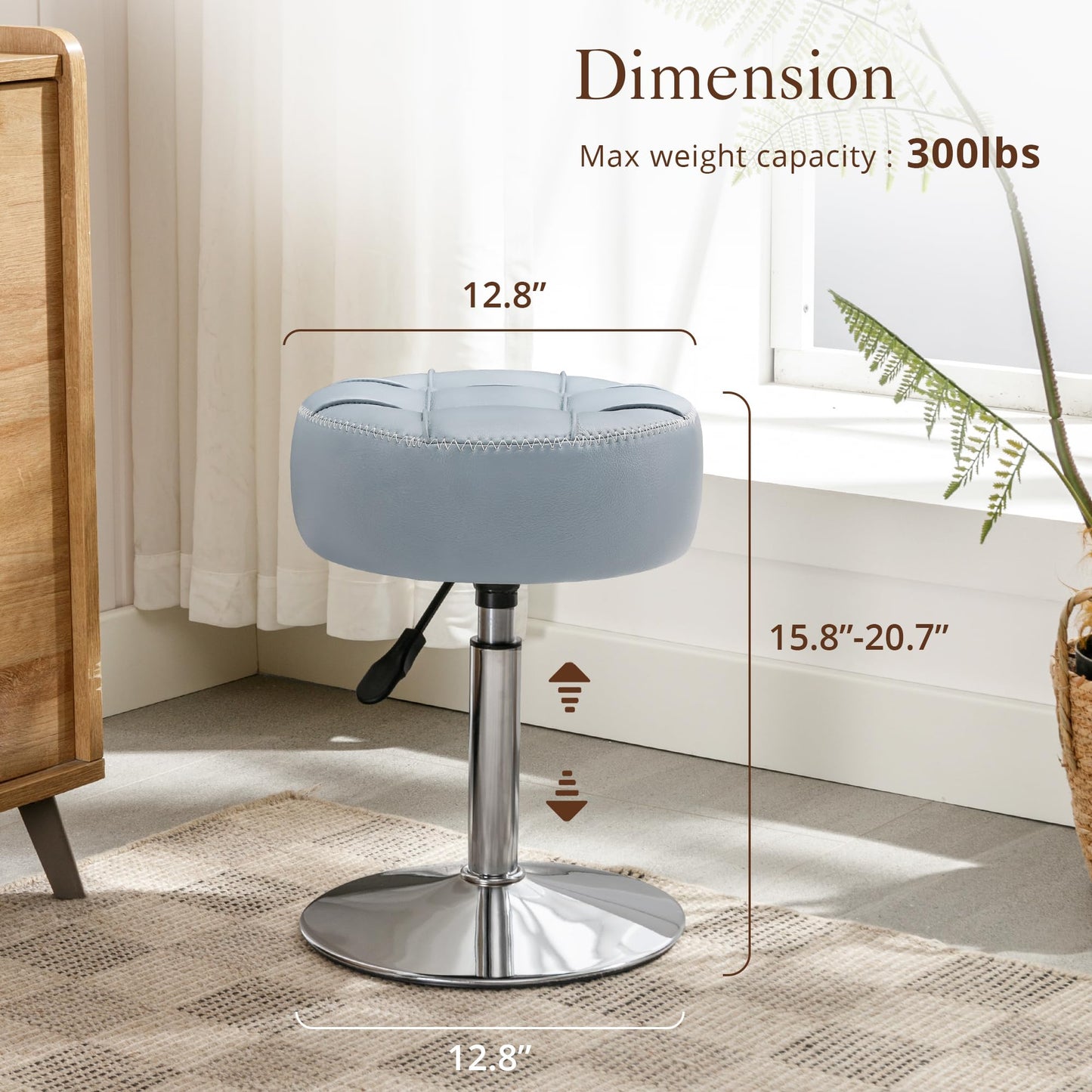 LUE BONA Height Adjustable Vanity Stool 15.8"-20.7", 360° Swivel Grayish Blue Faux Leather Chair, 300lb Capacity for Makeup Room, Bathroom