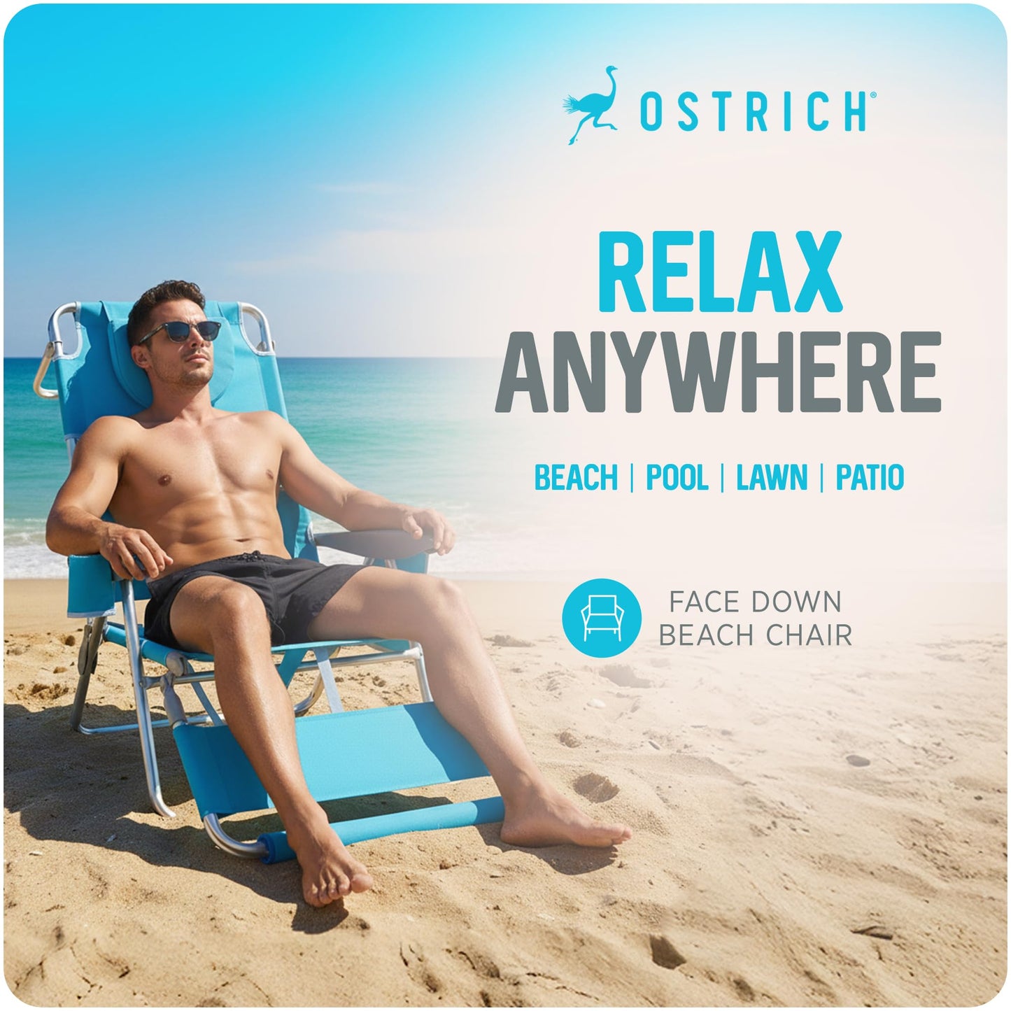 Ostrich the Backpack 3N1 Portable Chair with Cooler Bag and Reclining Lounger for Tanning, Camping, Beach, and Outdoor Essential, Light Blue