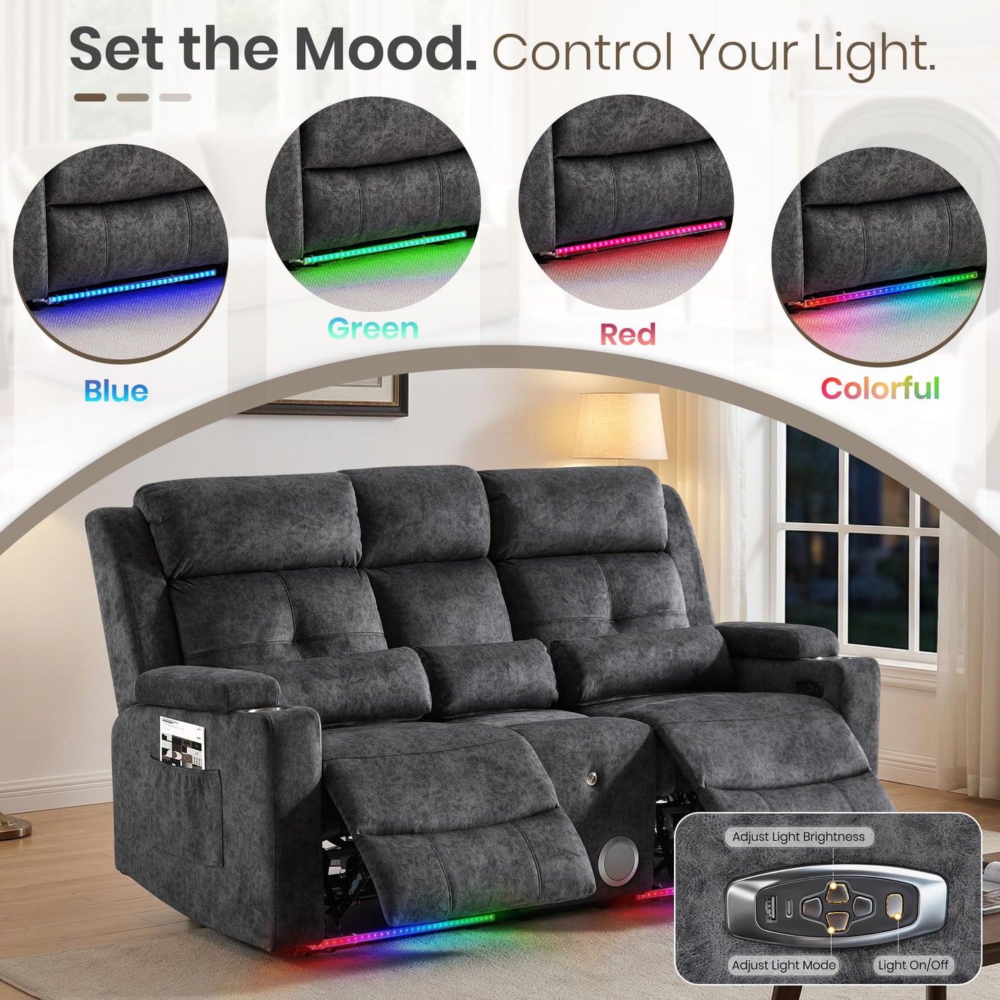 PALLOME Power Recliner Loveseat Sofa with Bluetooth Speakers, Home Theater Seating with LED Lights, One-Key Reset, USB-C Charging Ports, Hidden Storage, RV & Apartment (Grey)