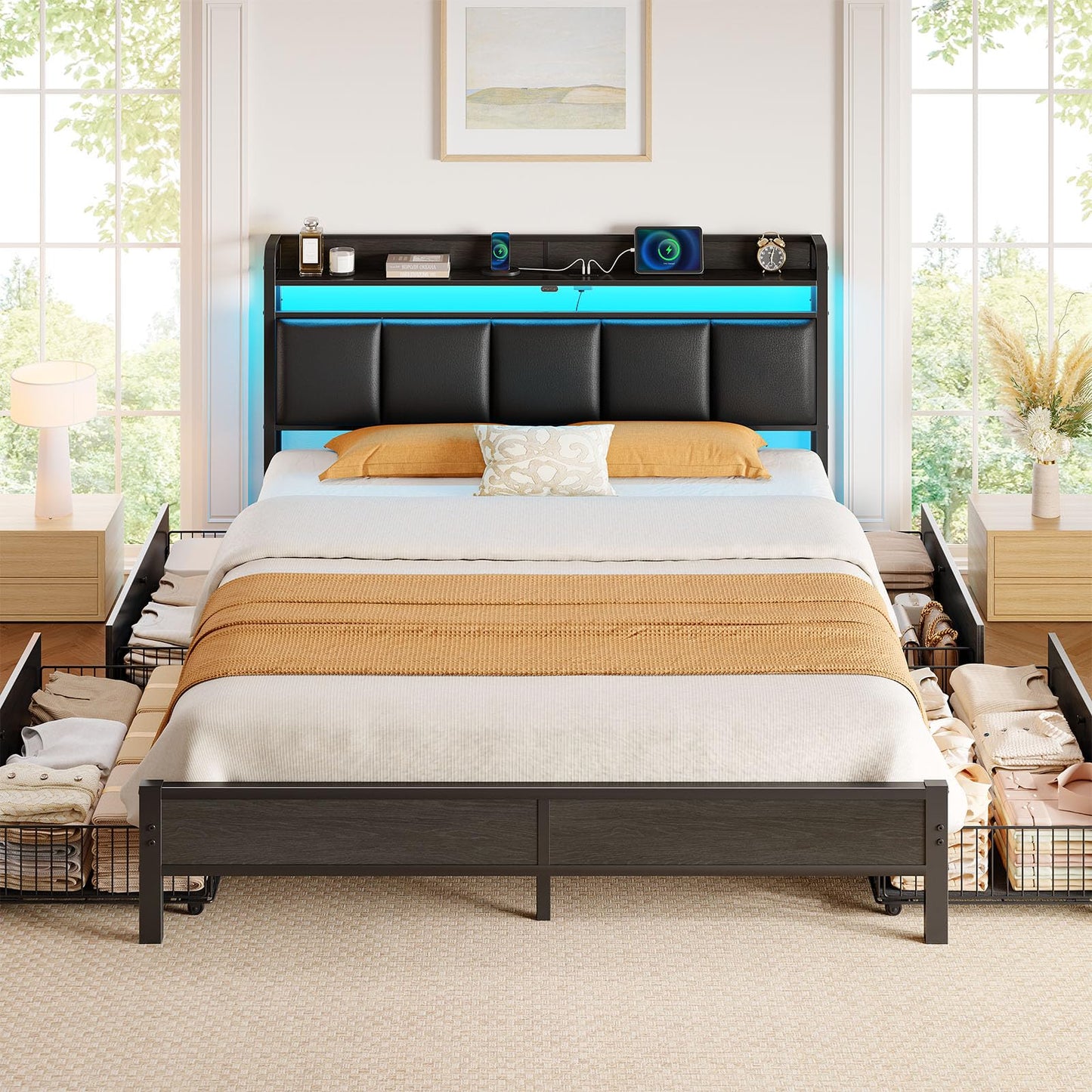 Rolanstar Bed Frame Queen Size with Charging Station and LED Lights, Upholstered Storage Headboard with Drawers, Heavy Duty Metal Slats, No Box Spring Needed, Easy Assembly, Black