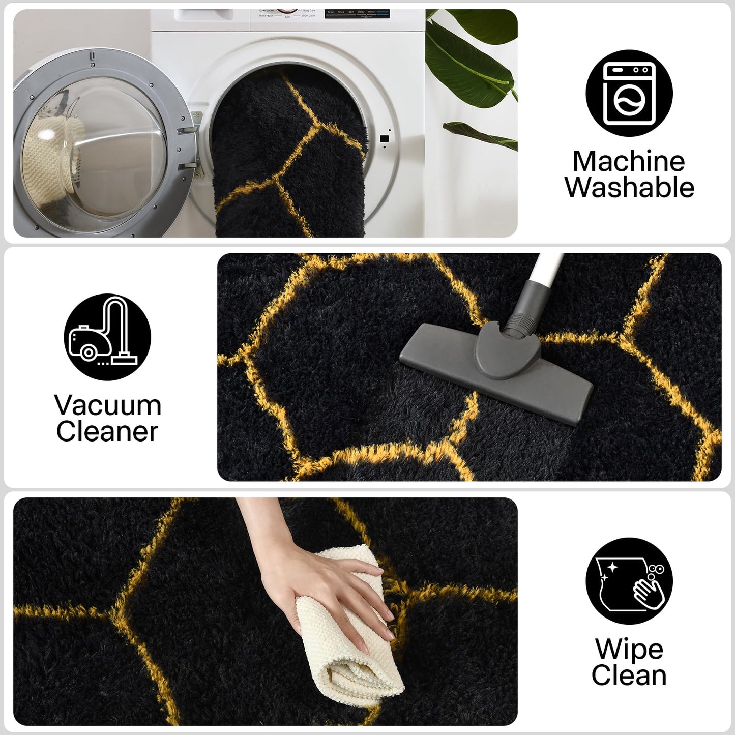 Meralax Hexagon Gold/Black Rugs for Living Room Bedroom, 4x6 Soft Area Rug Fluffy Shaggy Bedside Rug, Machine Washable Indoor Floor Carpet for Kids Boys, Dorms, Nursery Rooms, Home Decor Aesthetic