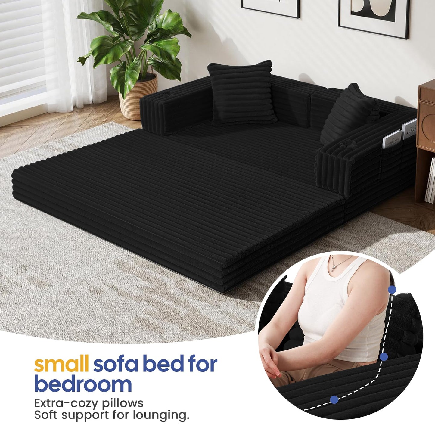 COMAX Futon Sofa Bed, 4‑in‑1 Convertible Sofa Bed, Boneless Couches for Living Room, Fold Out Small Foldable Loveseat Space‑Saving, Jet Black