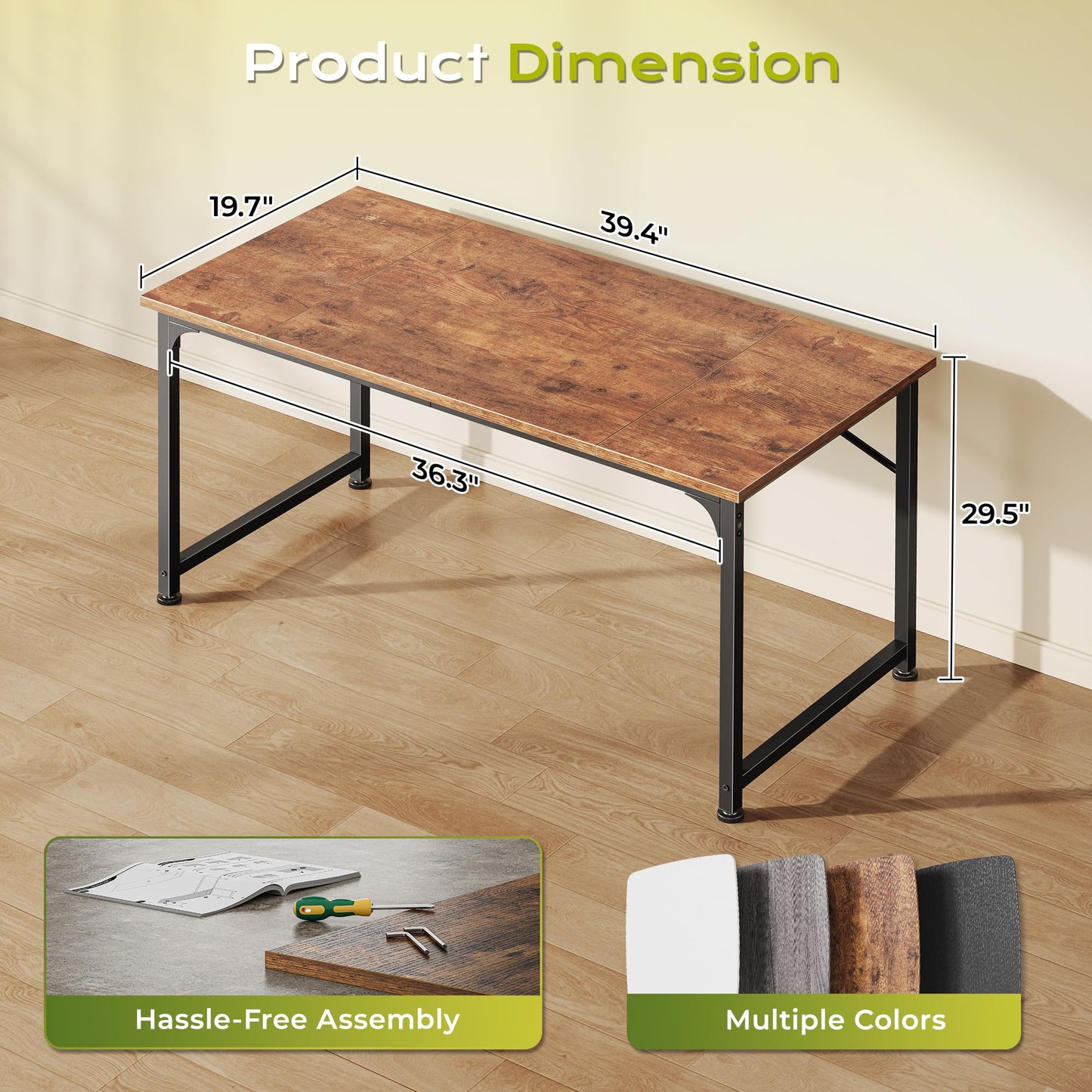 PRAISUN 39.4 Inch Computer Desk, Home Office Desk with Spacious Desktop, Modern Gaming Desk, Writing Study Table for Bedroom, Small Spaces, Work from Home Desk with Metal Frame, Rustic Brown