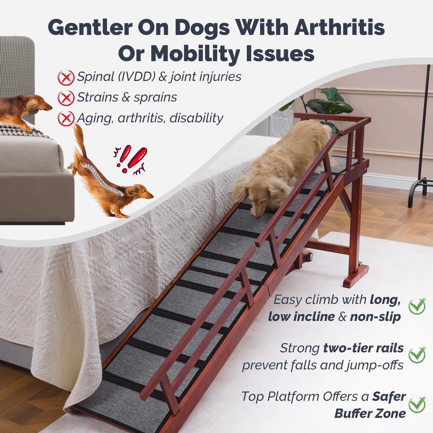 KUVETO Dog Ramp for Bed or Couch, Wooden Pet Ramp with 20° Gentle Slope, Removable Side Rails, Non-Slip Surface, Top Platform & Wheels, Safe Bed Ramp for Small, Large & Senior Dogs, 74" Long, Mahogany