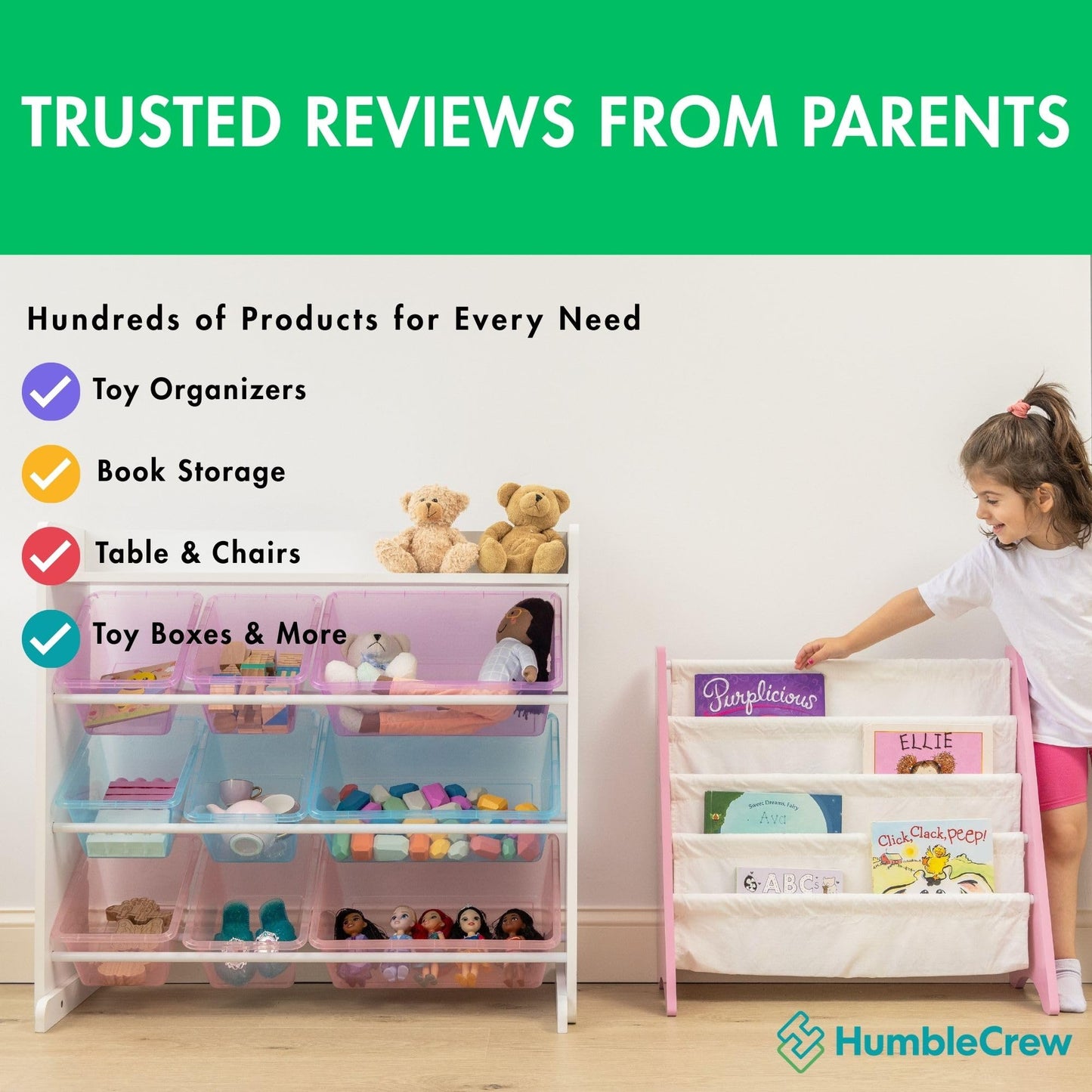 Humble Crew Kids Bookshelf, 4-Tier Front-Facing Book Display Organizer, Montessori Toddler Bookcase for Playroom, Bedroom & Reading Corner, Pink/White