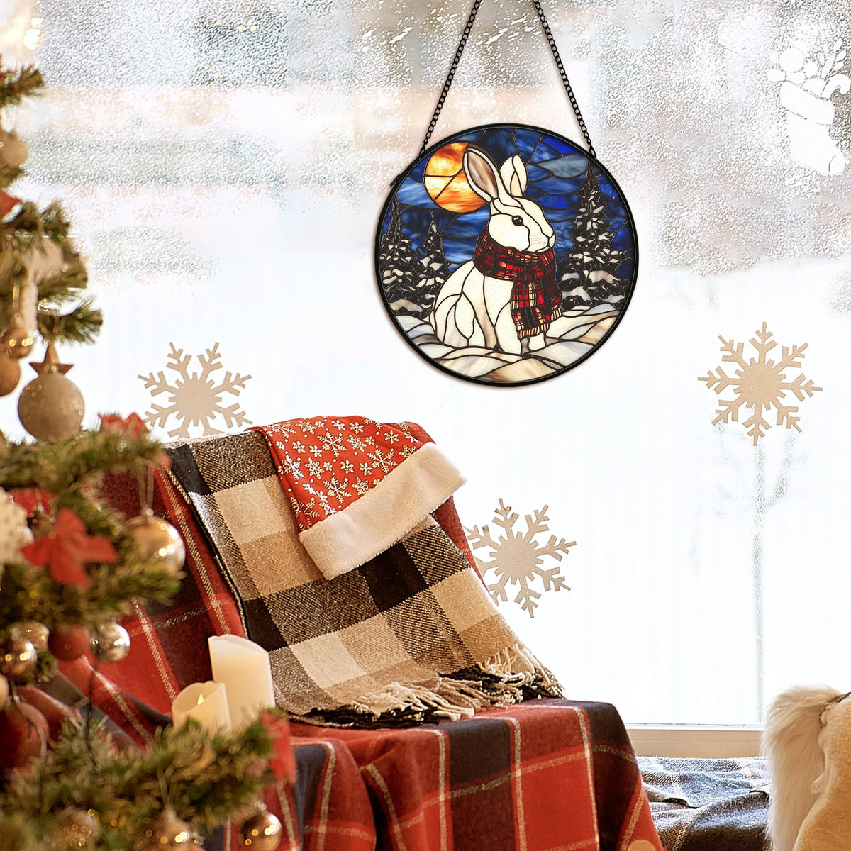 cvjutf Winter Christmas Bunny Suncatcher Stained Glass Window Hanging Decorstions, Nature Landscape Stained Glass Wall Decor, Winter Solstice Gifts, Forest Garden Lawn Sun Catchers Art, 7.9x7.9Inch