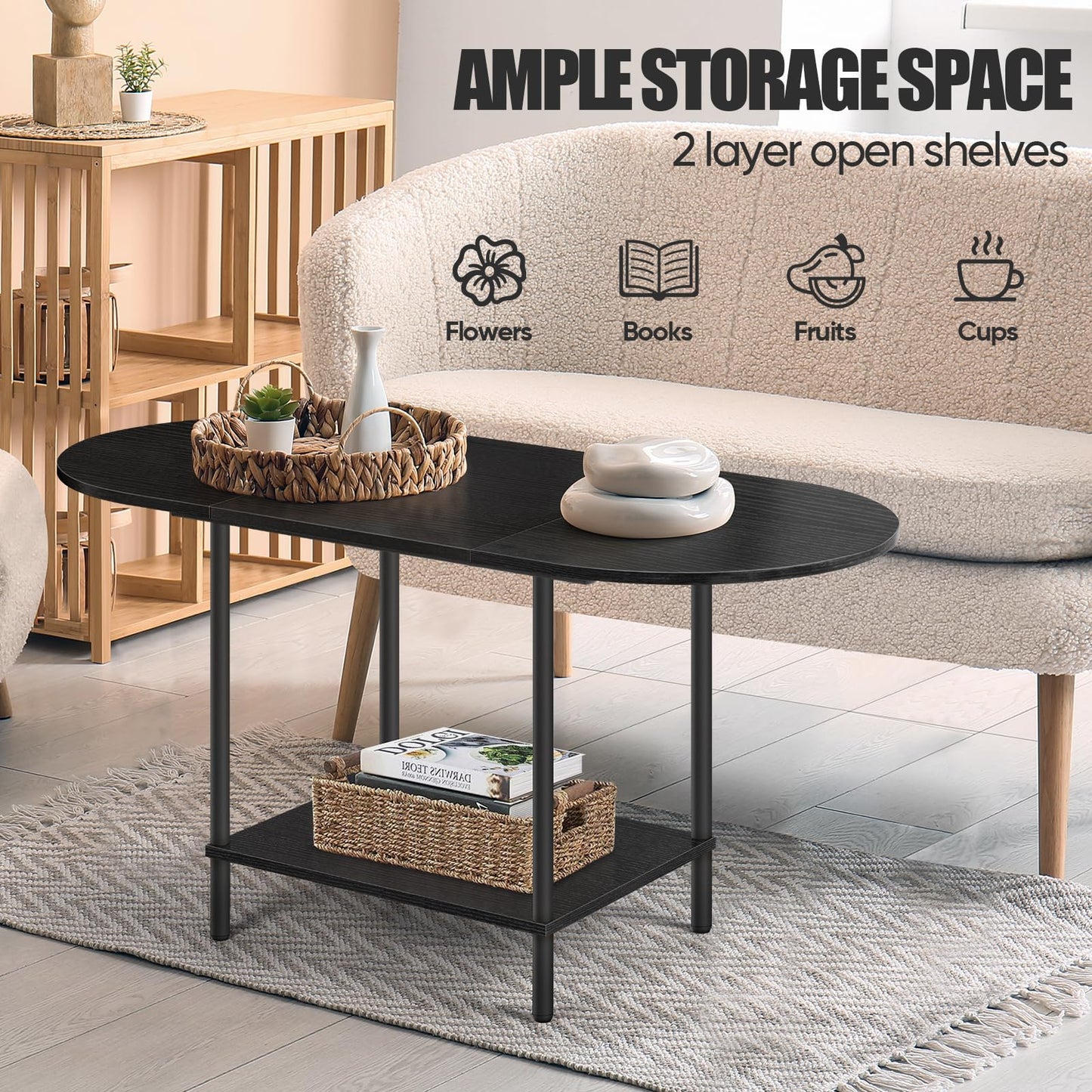 KANEODOT Black Coffee Tables for Living Room,Mid Century Oval Small Center Table with Storage Shelf and Wood Tabletop,2-Tier Farmhouse Low Cocktail Tea Table for Small Space,Apartment