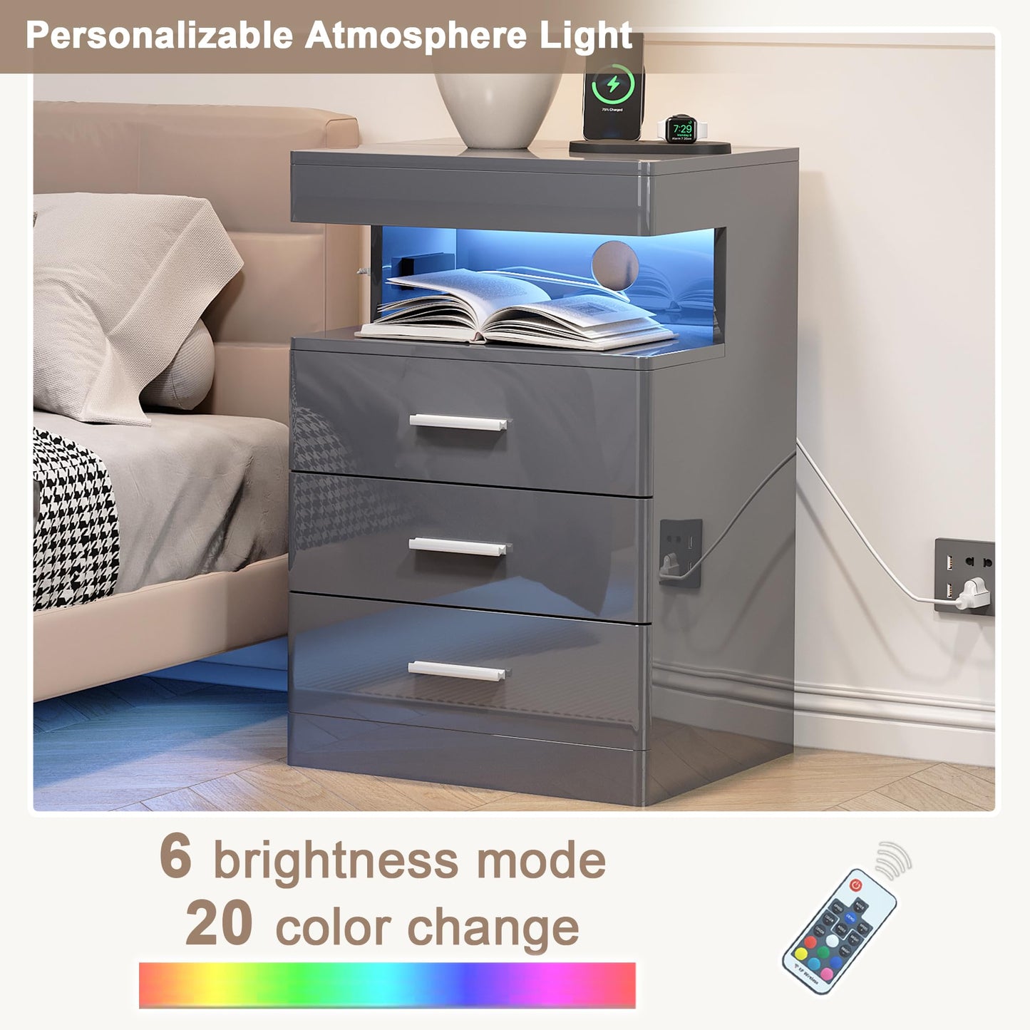 Treocho Led Nightstand with Hidden Space, Modern Night Stand with Charging Station, 3 Drawer Smart Nightstand with Glossy Finish, Tall Bedside Table with RGB Lights for Bedroom, Grey