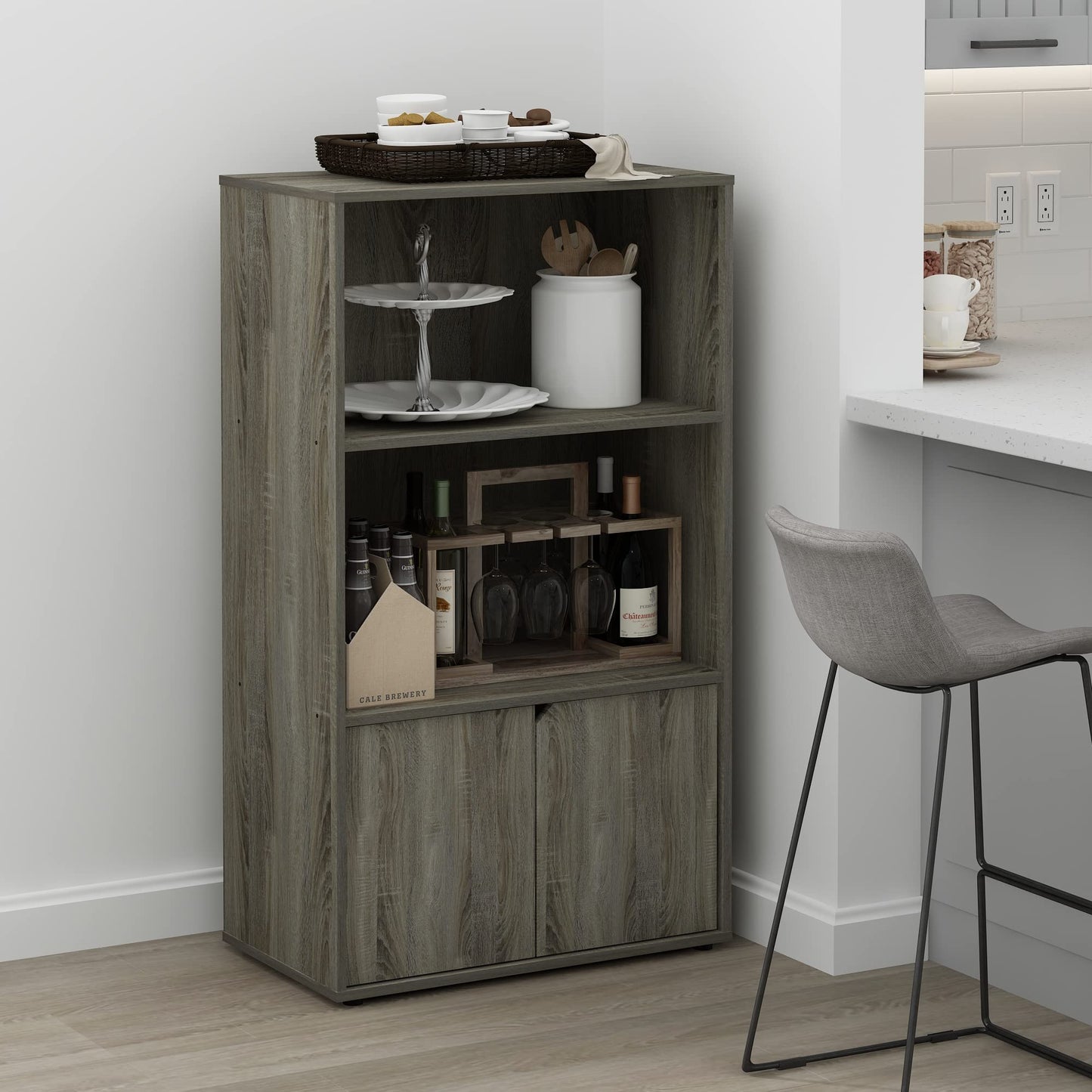 Furinno Jaya Kitchen Storage Shelf with Cabinet, French Oak Grey