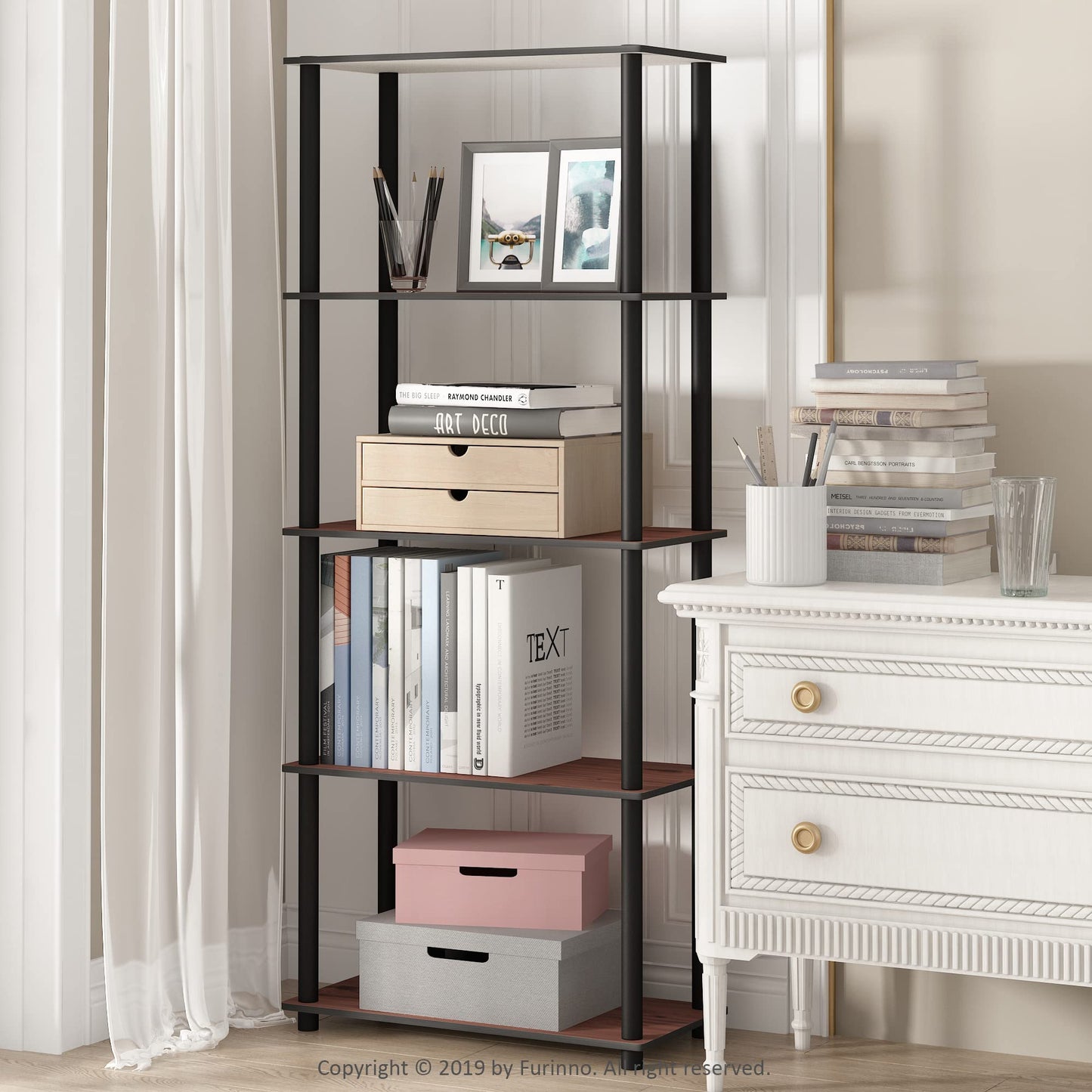Furinno TURN-N-TUBE Storage Shelves, 5-Tier Book Shelf, Corner Shelf, Toolless Open Shelves, for Organization and Storage, Living Room, Garage, Home Office, Dark Cherry