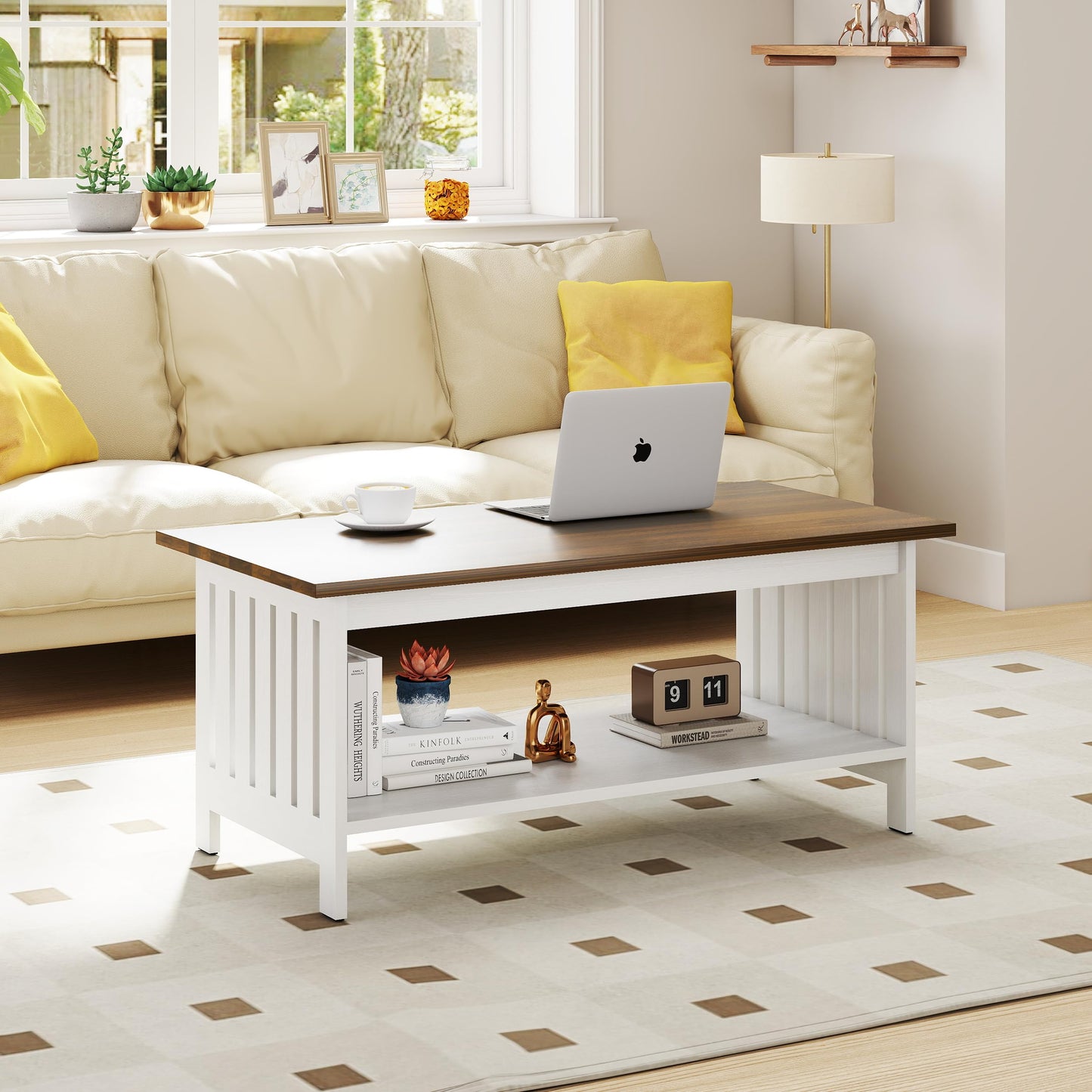 YOSHOOT 39.4" Farmhouse Coffee Table - Coffee Tables for Living Room, Small Coffee Table with Storage, Center Table for Living Room, Bedroom, Office, White