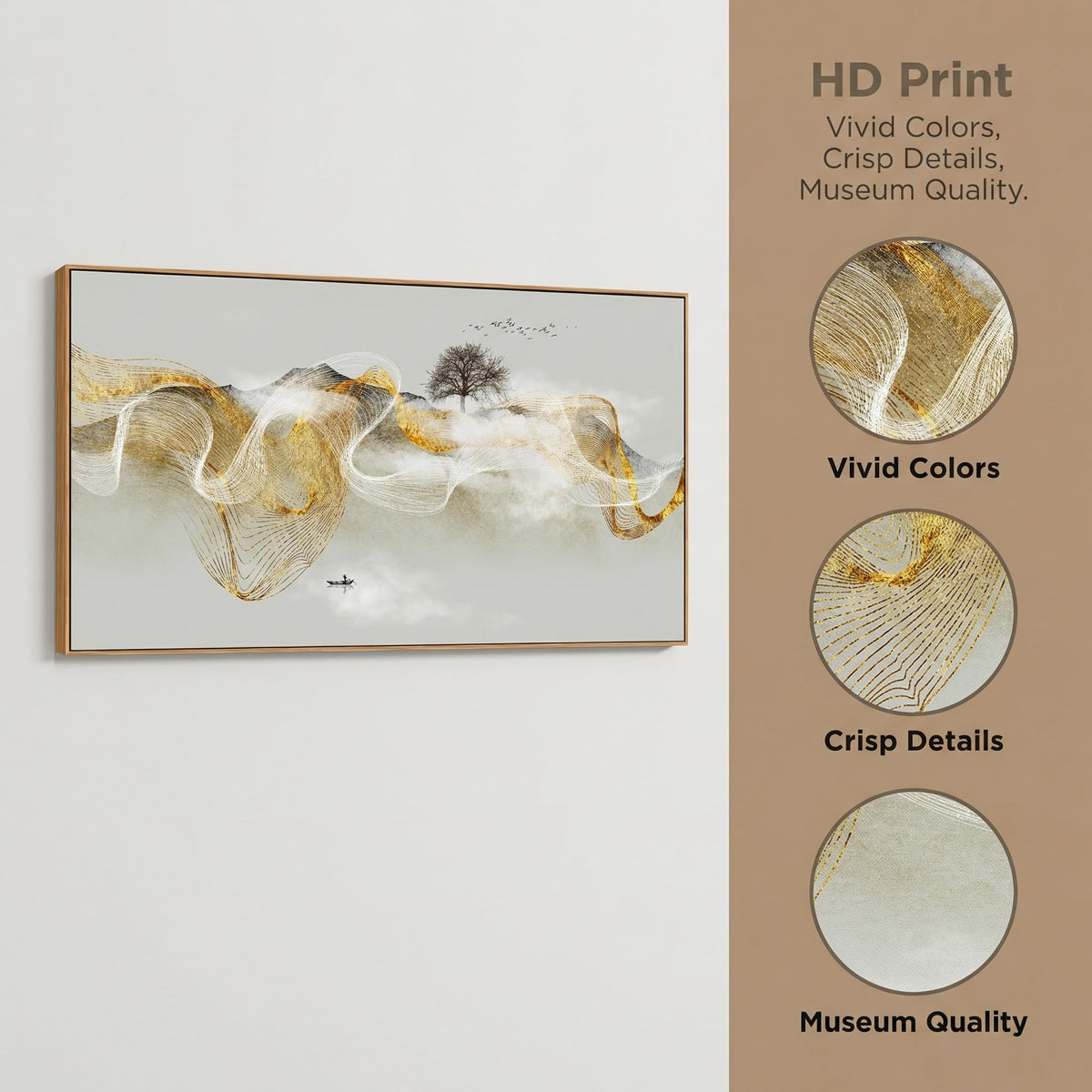HUADAOART Wall Art Modern Zen Light Luxury Natural Landscape with Golden and White lines Background Wall Decor Canvas Prints for Living Room Bedroom 20x40 Inches (Framed)