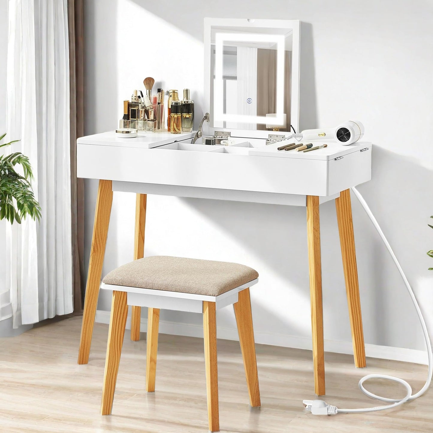 JanflyHome Small Vanity Desk, Flip Top Makeup Vanity, Makeup Vanity Desk with Mirror & LED Light, Power Outlet, Compact Dressing Table with Cushioning Stool, Vanity Desk Set for Kids, White