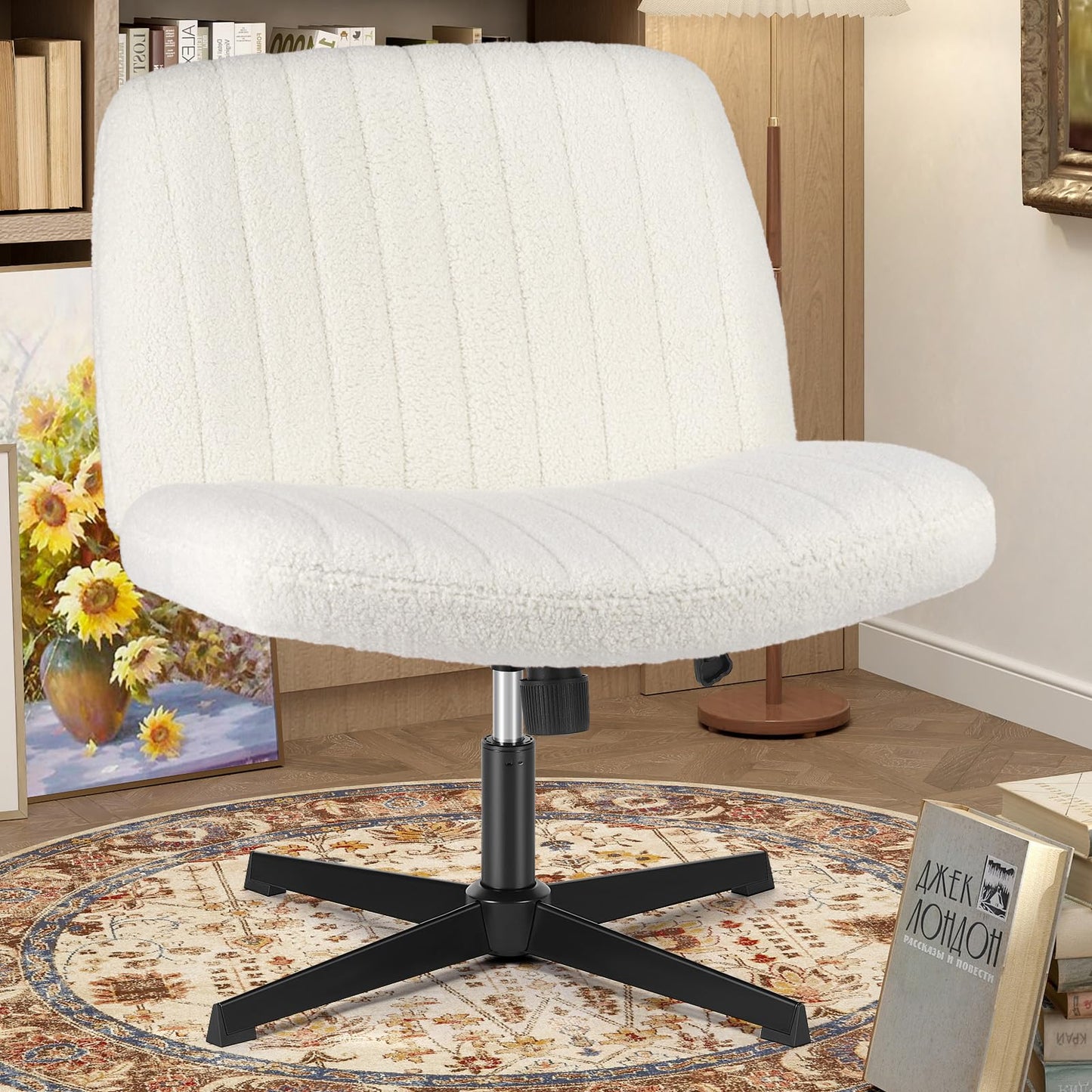 OLIXIS Criss Cross Chairs Legged Armless No Wheels Wide Seat Height Adjustable Swivel Rolling Padded Furry Cute Home Office Desk Seating for Bedroom, Student, Study Room