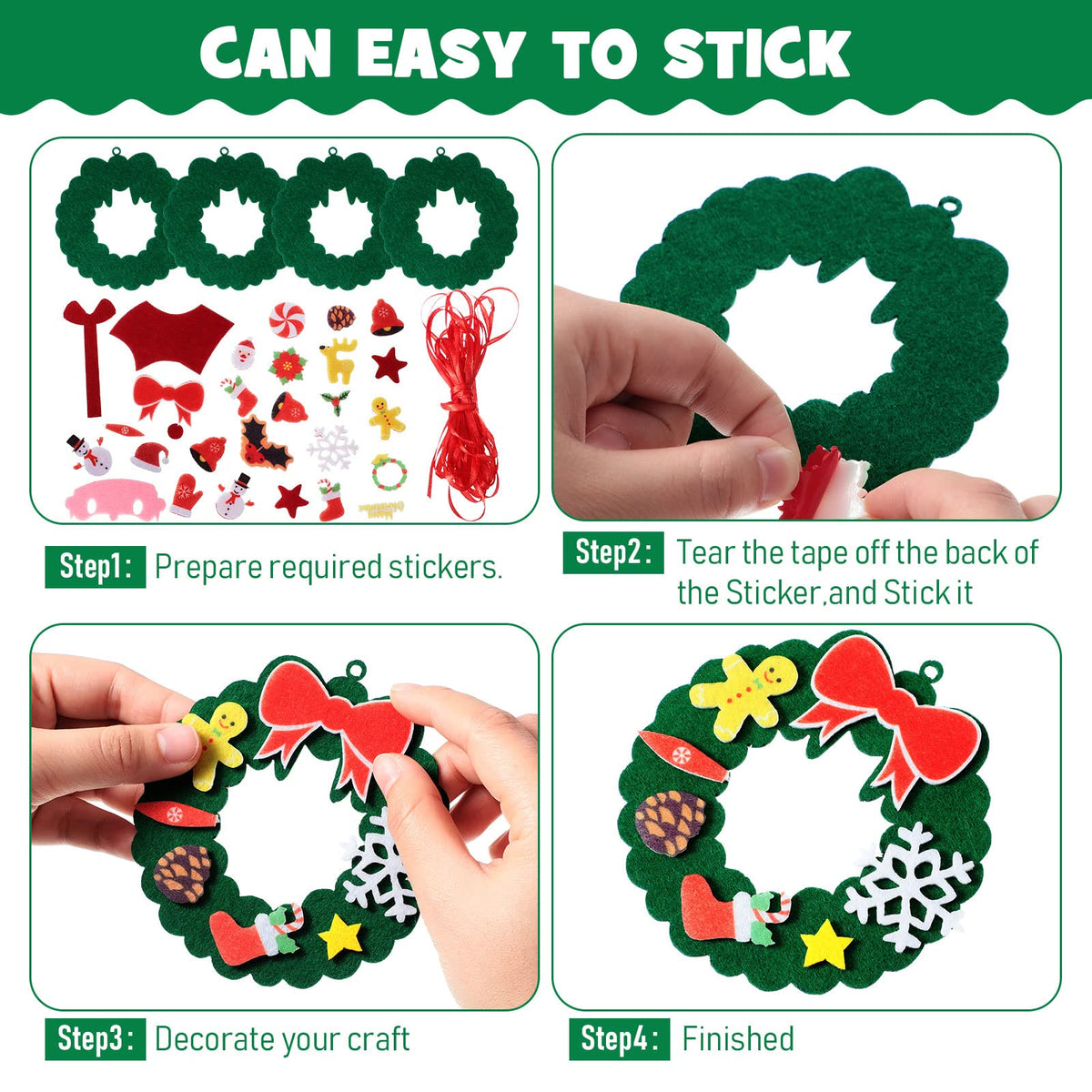 Tatuo 24 Kits Christmas Felt Ornament Crafts DIY Tree Gifts Garlands Bells Santa Socks Hanging Ornaments Christmas Sticker for Home Door Wall Hanging Tree Craft Decorations