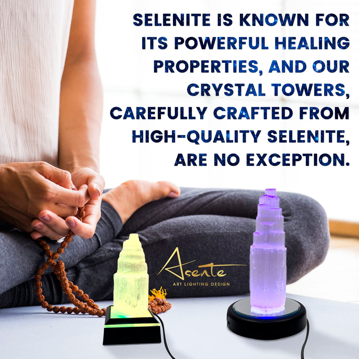 ASENTE 4 Inch Selenite Crystal Tower w/Light Stand - Lighted Base for Positive Energy Crystal Display - Calming Energy & Vibes