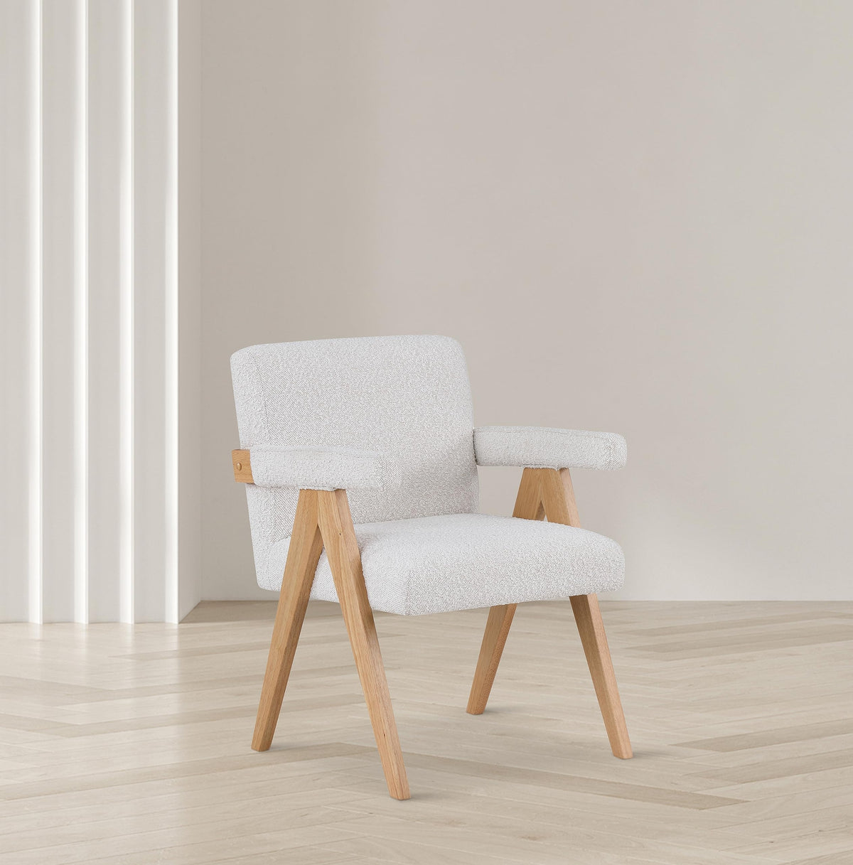 Meridian Furniture 480Cream Woodloch Collection Mid-Century Modern Boucle Fabric Upholstered Accent Chair with Rich Cream Boucle Fabric, Natural Finish Solid Wood, 24.5" W x 23.5" D x 32" H, Cream