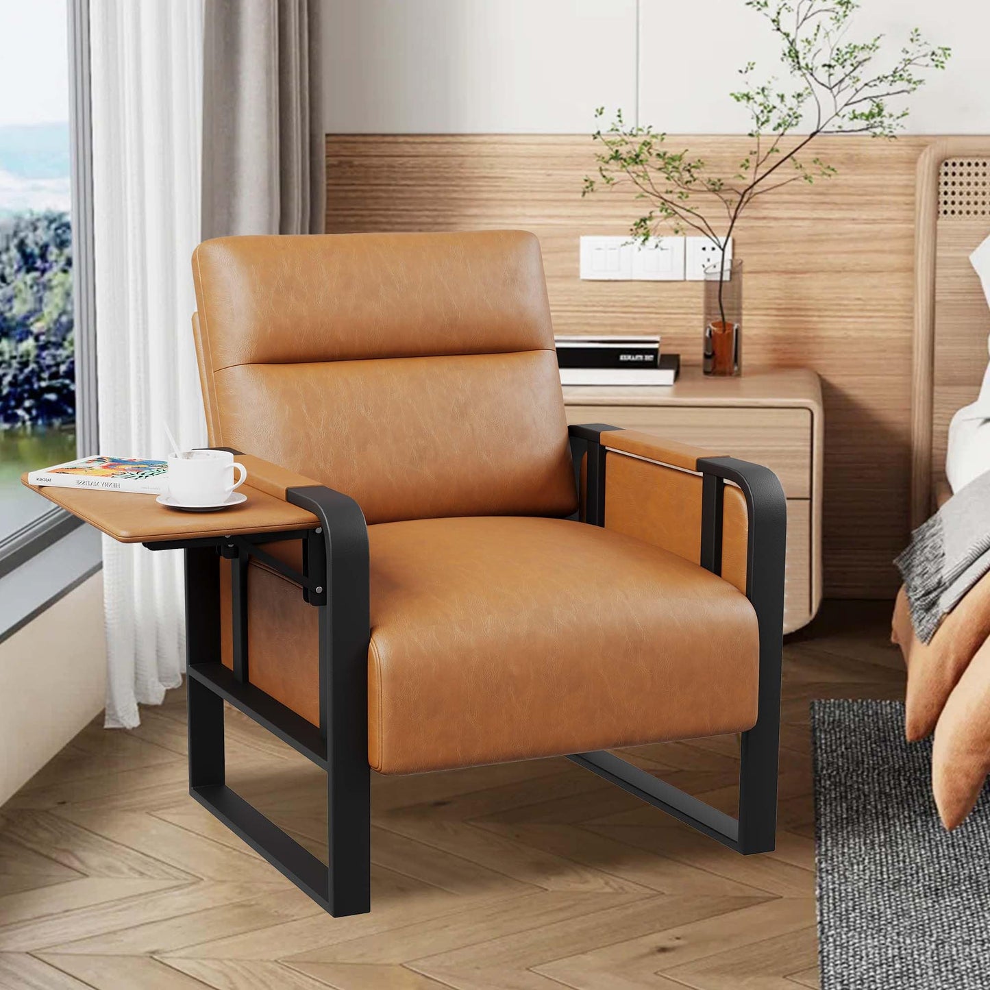 Apeaka Modern Brown Accent Chair PU Leather Upholstered Armchair with Foldable Side Table for Bedroom Living Room Chairs Office Chair