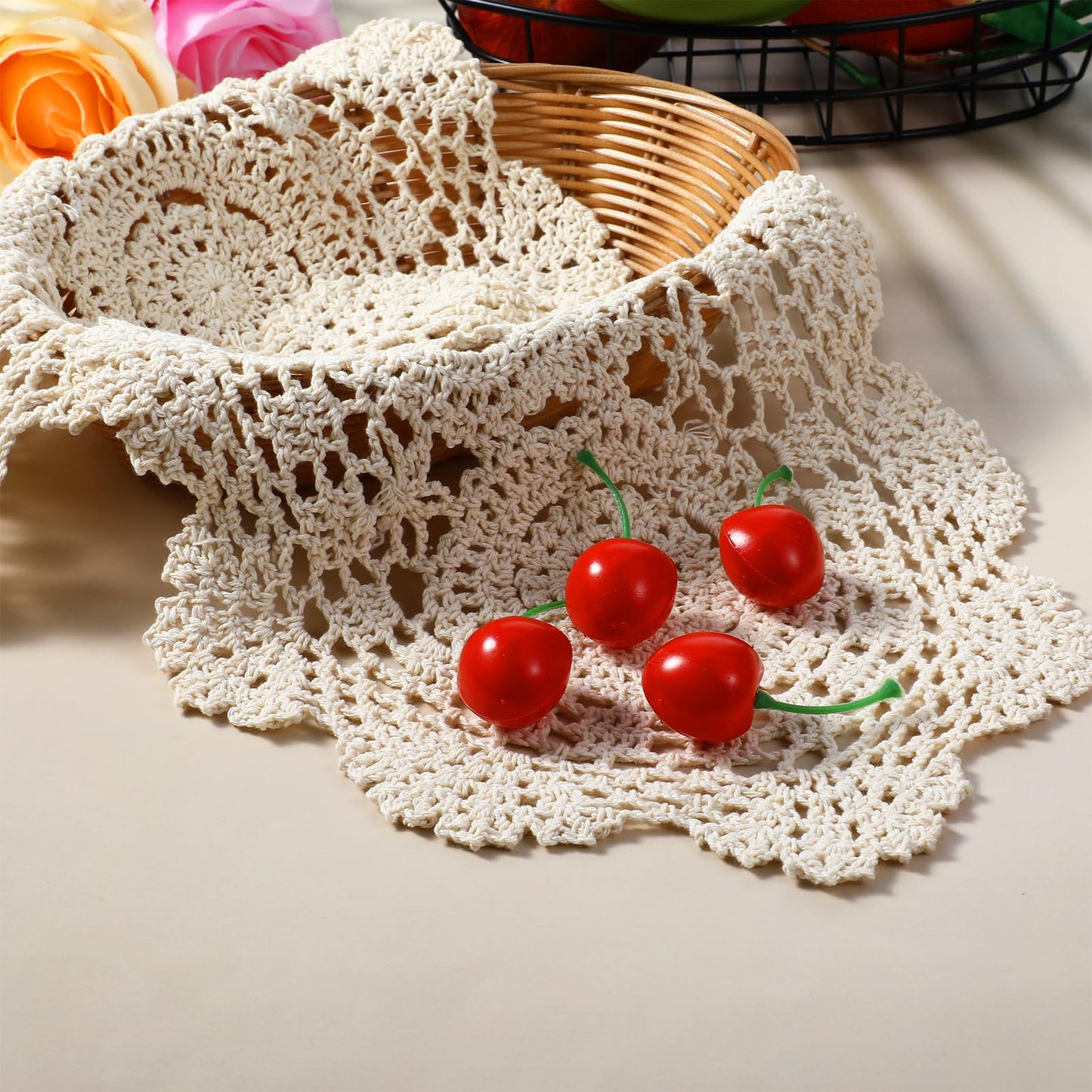 Beige Lace Doilies 2Pcs Handmade Cotton Crochet Doilies Placemats Knitted Coasters Oval Shape Doily for Furniture Table Overlay, 9.8 x 13.8 inch