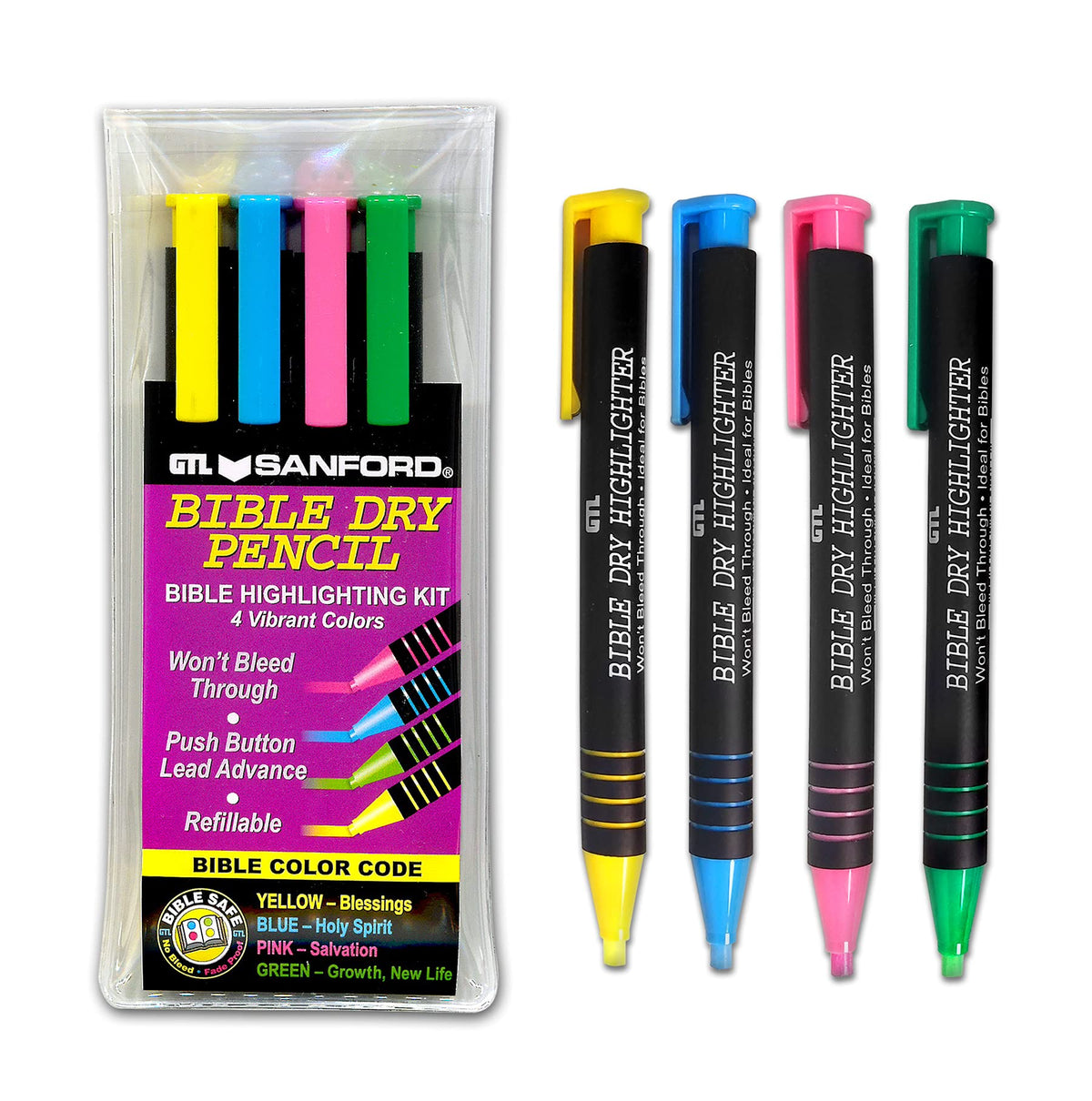 G.T. Luscombe Company, Inc. Bible Dry Highlighting Kit | No Bleed Eco-Friendly Refillable Dry Highlighters | No Sharpening | No Smearing or Fading | Yellow, Blue, Pink, Green (Set of 4)
