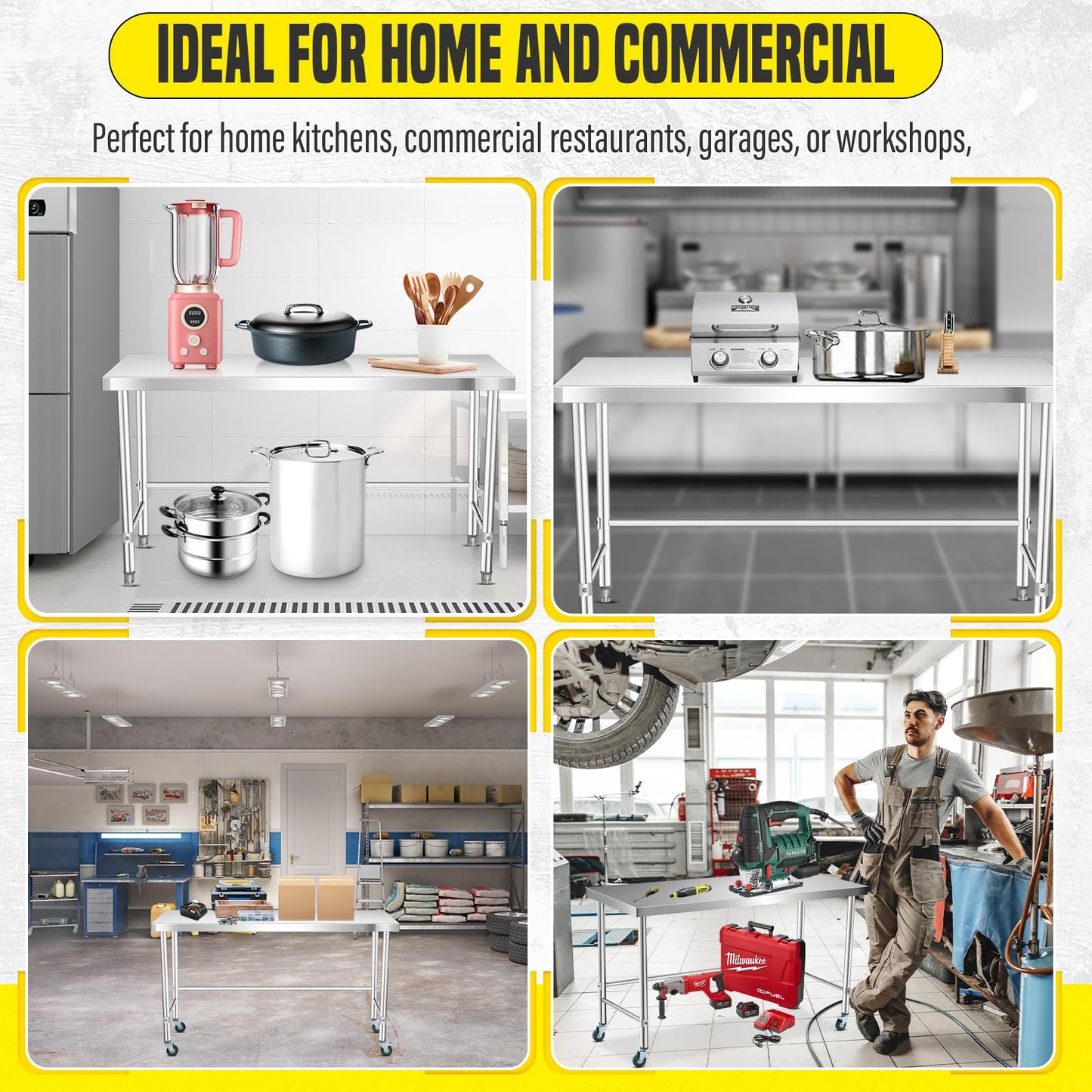 GarveeTech Stainless Steel Table 36x24 in with Wheels, Commercial Home Kitchen Prep Work Metal Table with Open Base