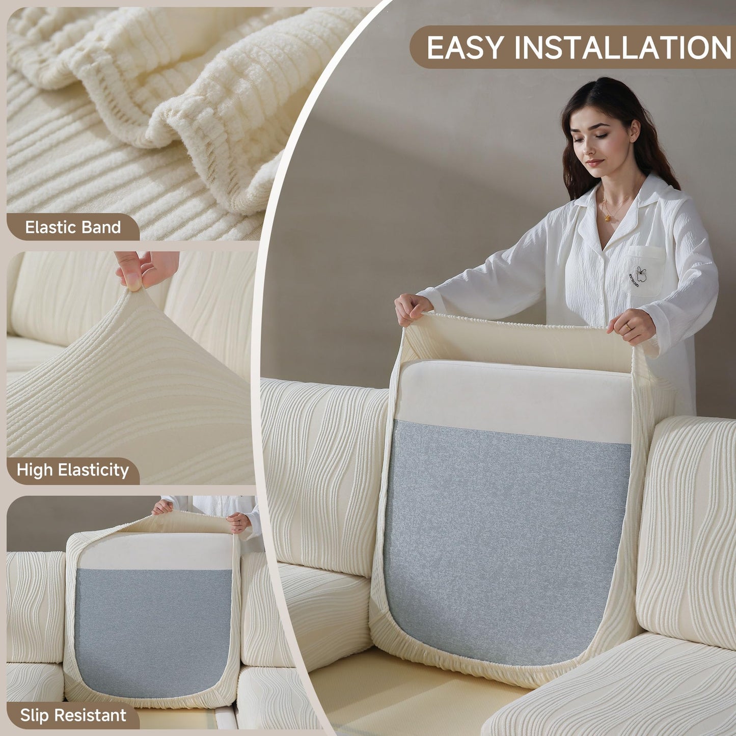 QIANMEW Couch Cushion Covers, Super Stretch Washable Sofa Slipcovers for L Shaped & Modular Seats, Pet-Friendly Furniture Protector with Stripe Design, (1 Seat Cover XL, Ivory)