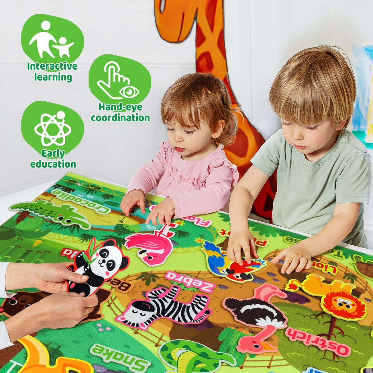 Taika 43x28 inch Zoo Animals Felt Story Board Set, 41Pcs Jungle Animals Toys, Thicker Flannel Board, Preschool Learning Toy, Interactive Storytelling Teaching Play Activity Kits