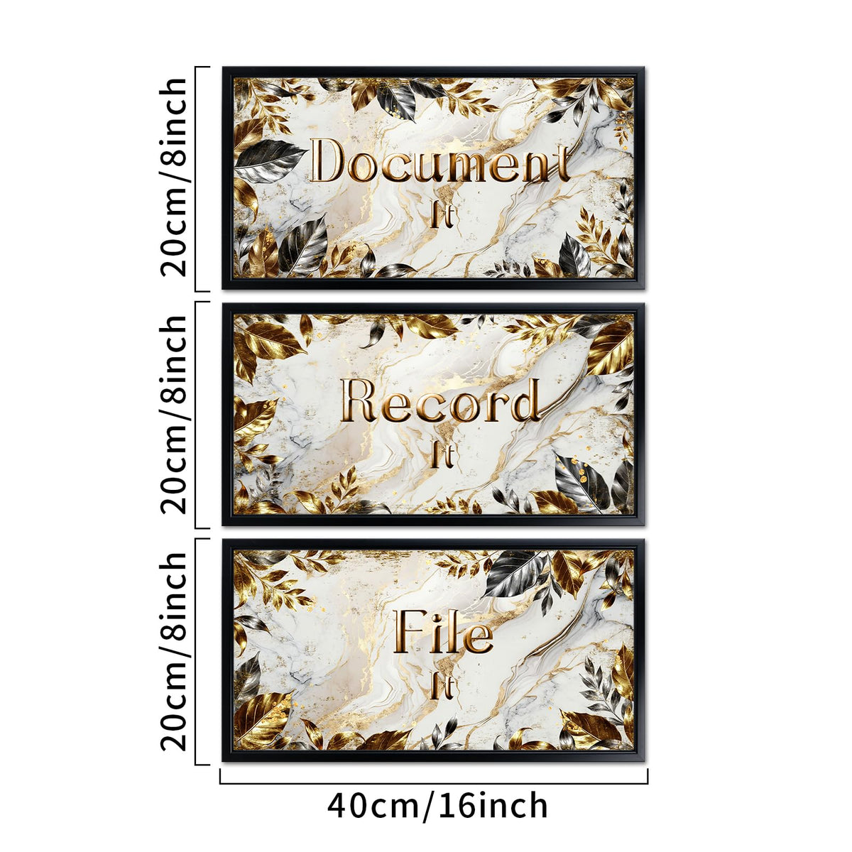 Visual Art Decor Office Decor Sign Canvas Wall Art Gold Grey Leaves Painting Black Frame Sayings Pictures Canvas Print 8"x16"x3Pcs, with Hooks Home Office Decoration for Woman and Man