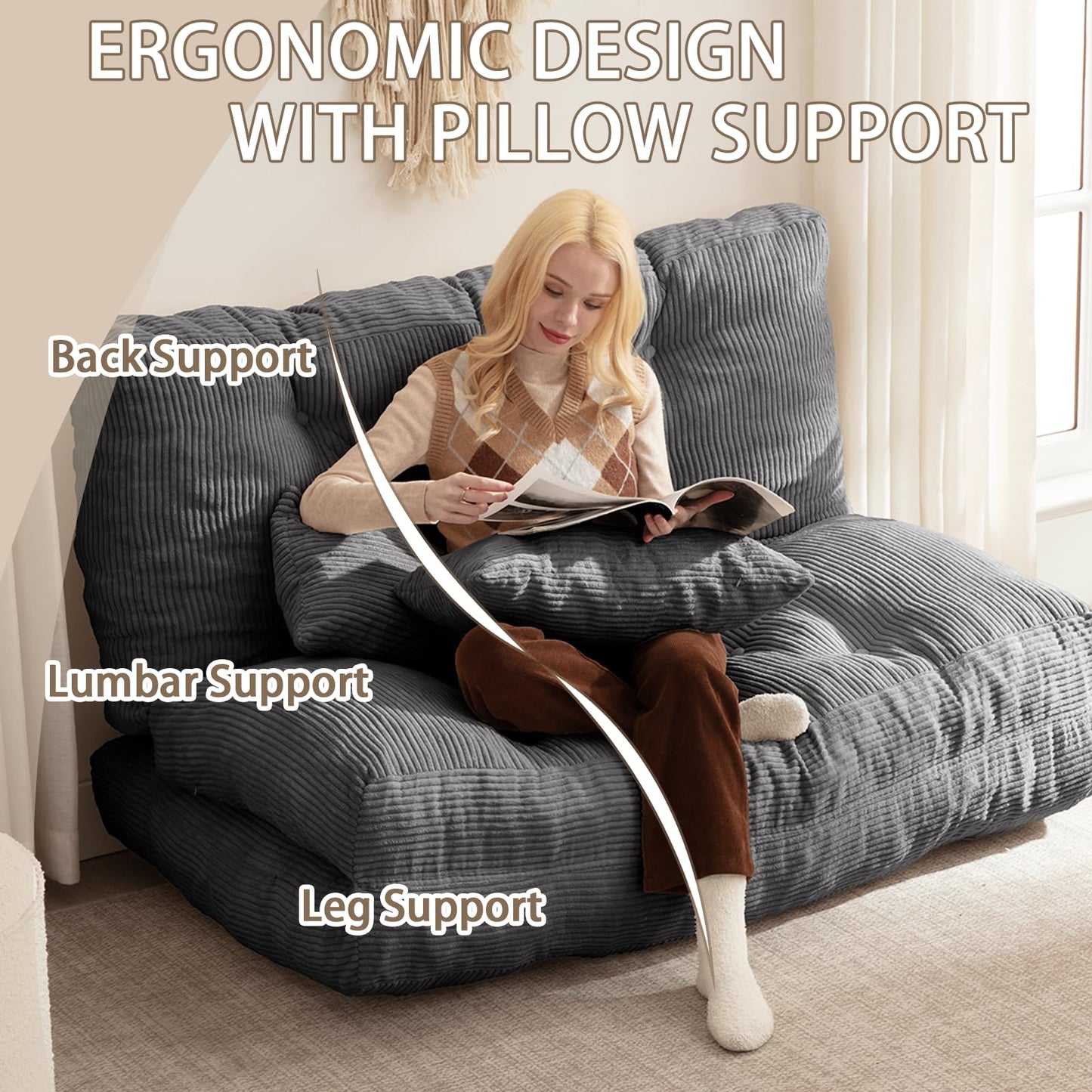 Folding Sofa Bed, Convertible Sleeper Chair with Pillow Foldable Mattress with Back Support, Portable Fold Out Chair Bed Comfy Floor Sofa Lounge for Living Room Bedroom, Dark Gray Full 80x54 Inch