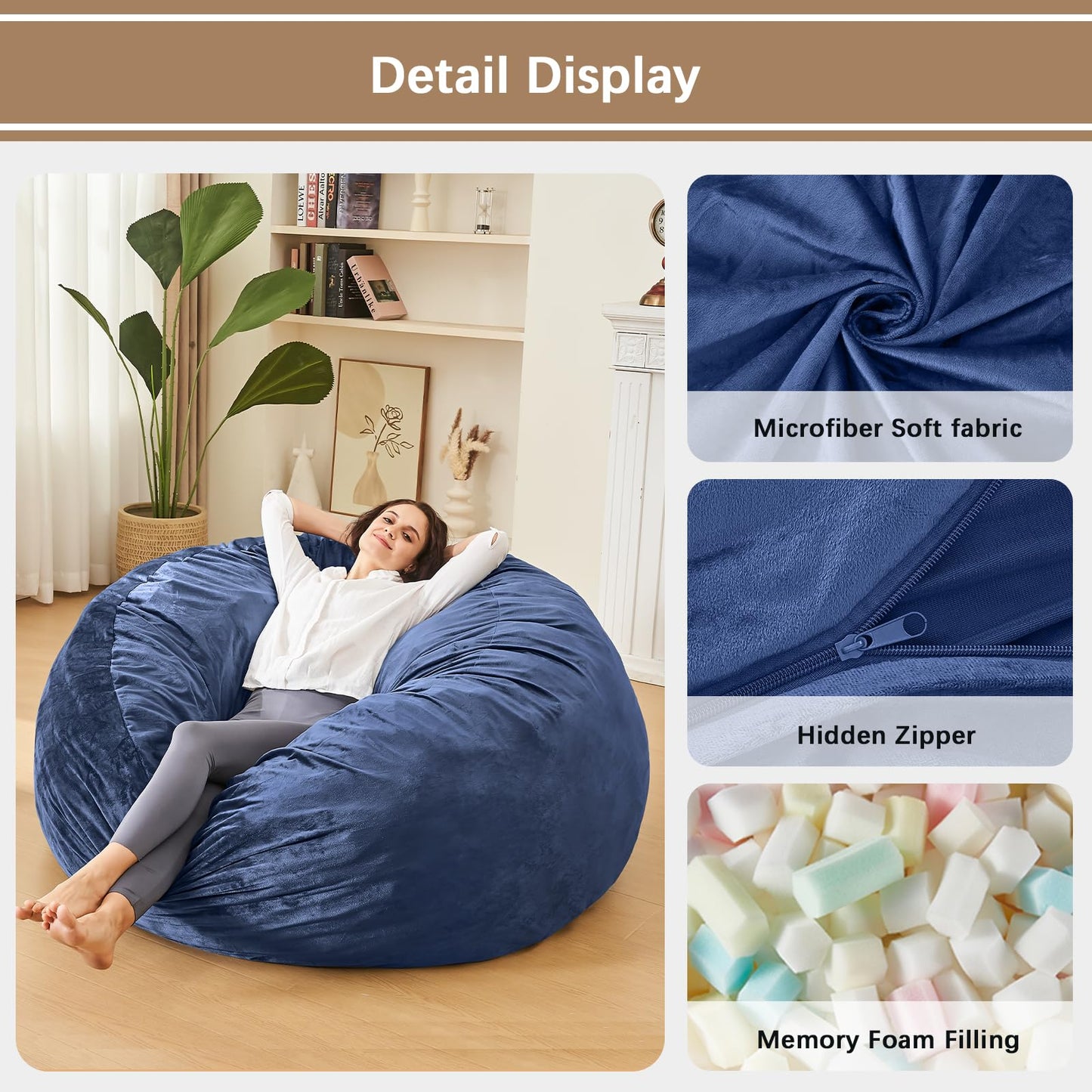 ILPEOD Bean Bag Chairs for Adults - Memory Foam Furniture BeanBag Chair - Kids/Teens Sofa with Soft Micro Fiber Cover - Round Fluffy Couch for Living Room Bedroom College Dorm, Navy