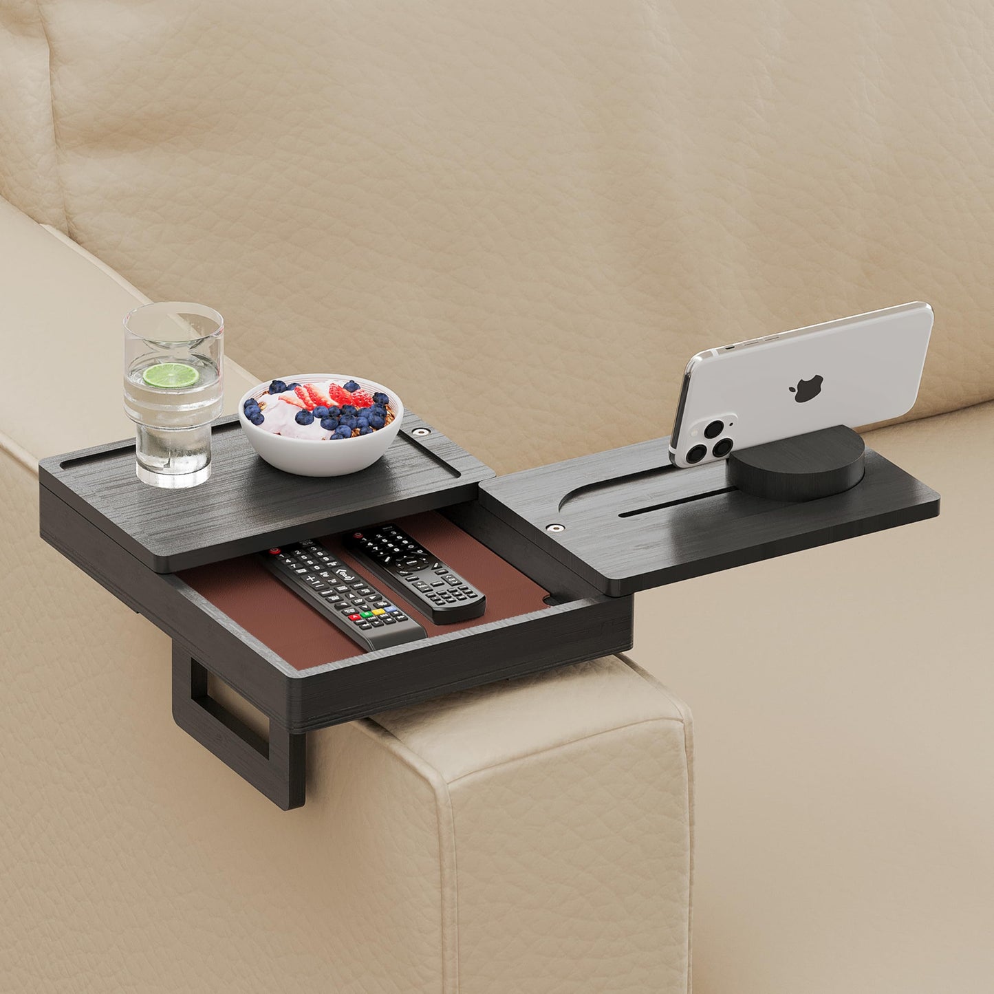 Wealone Black Couch Arm Tray with 2 Rotatable Tray, Adjustable Sofa Arm Clip Table with Storage Box & 360° Phone Holder, Bamboo Couch Armrest Table for Snacks, Drinks or Dining