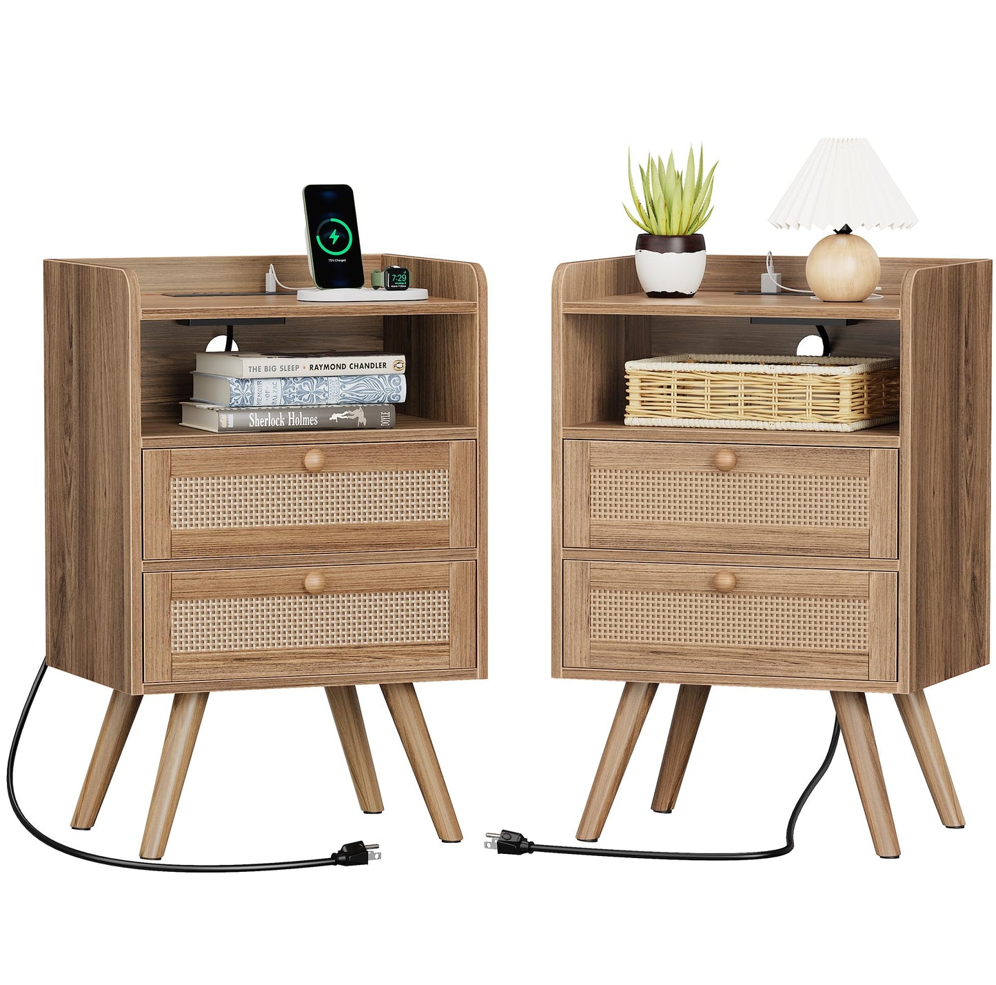 SUPERJARE 2 Drawer Night Stand with Charger Station, Boho Rattan Nightstand Set of 2, 25.2 Inch Tall Bed Side Table with Solid Wood Feet, End Table, Open Storage, Synthetic Rattan, Walnut