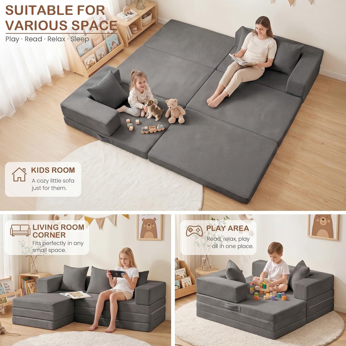 65'' L Shaped Couches for Living Room, Cloud Sectional Couch, Boneless Couch with Deep Seat Left Facing Chaise, Mini Modular Sectional 3 Seater Sofa for Apartment Furniture, No Assembly Needed, Grey