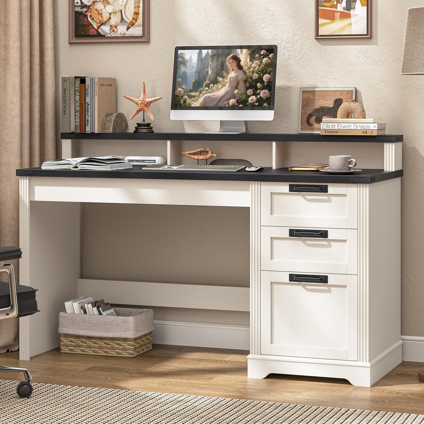Halitaa Farmhouse Executive Desk with 3 Drawers, Computer Desk with File Drawer for A4 Sized Hanging Files, Home Office Desk for Living Room Study, Rustic White and Black