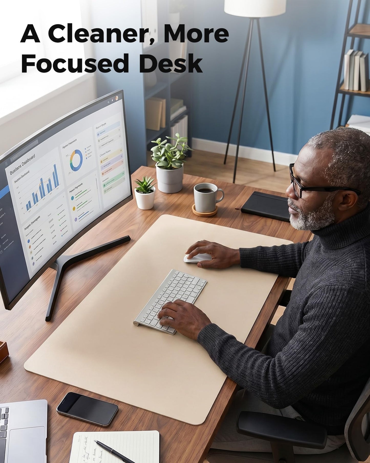 Aothia Dual-Sided Desk Mat - Leather & Cork Desk Protector, Large Mouse Pad & Writing Pad for Office/Home, Waterproof, Beige (35.4" x 15.7")