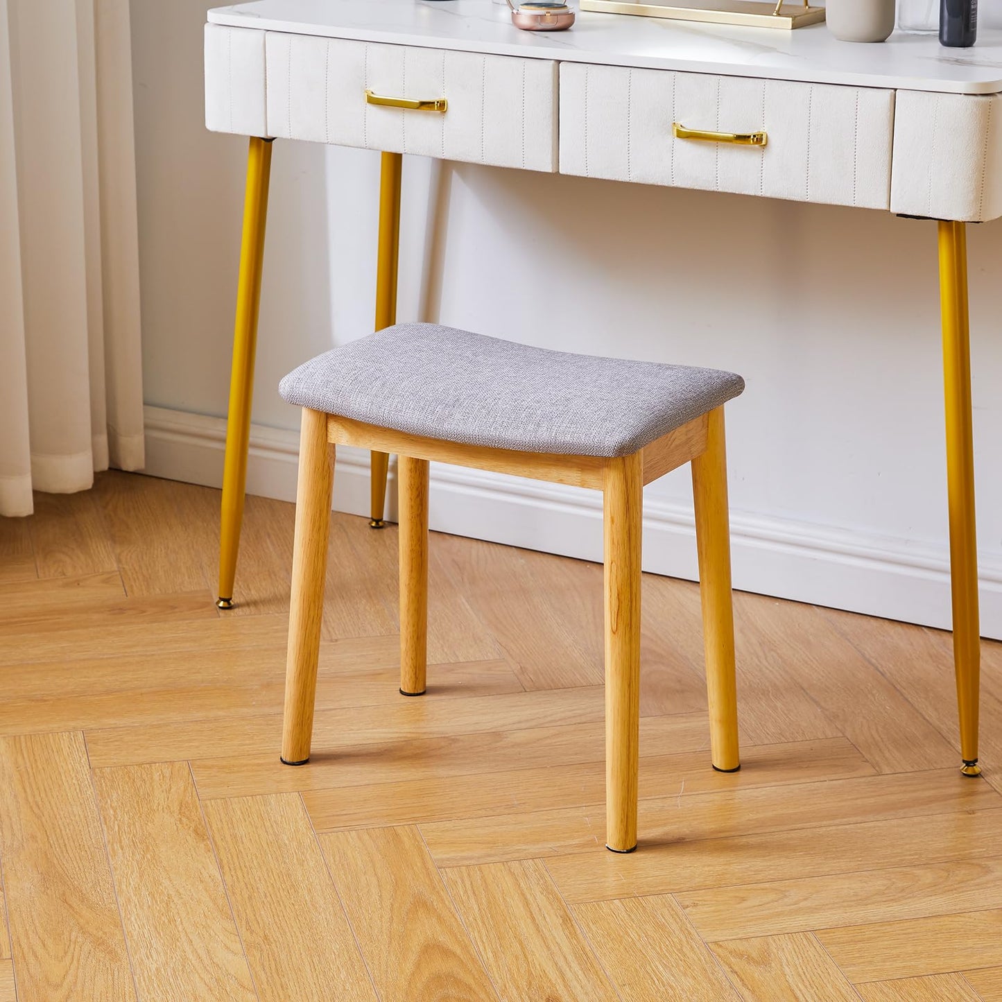 IBUYKE Saddle Cushion Vanity Stool Chair, Foot Rest Stool with Solid Wood Legs, Modern Vanity Bench Ottoman for Piano, Upholstered Seat for Bedroom, Entryway, Wooden Legs&Light Gray WBD007NG