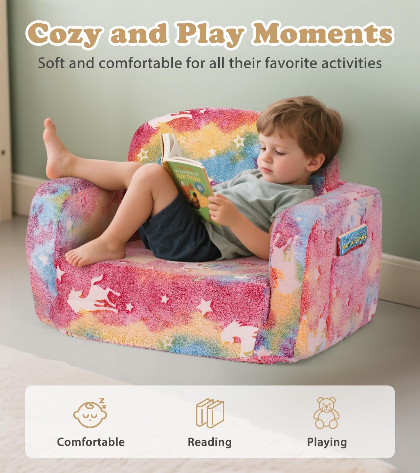 Kids Couch, 2-in-1 Soft Toddler Couch Fold Out with Blanket and Cloud Pillow, Glow in The Dark, Toddler Chair Comfy, Convertible Sofa, Gifts for Kids Girl Boys, Medium Pink Unicorn