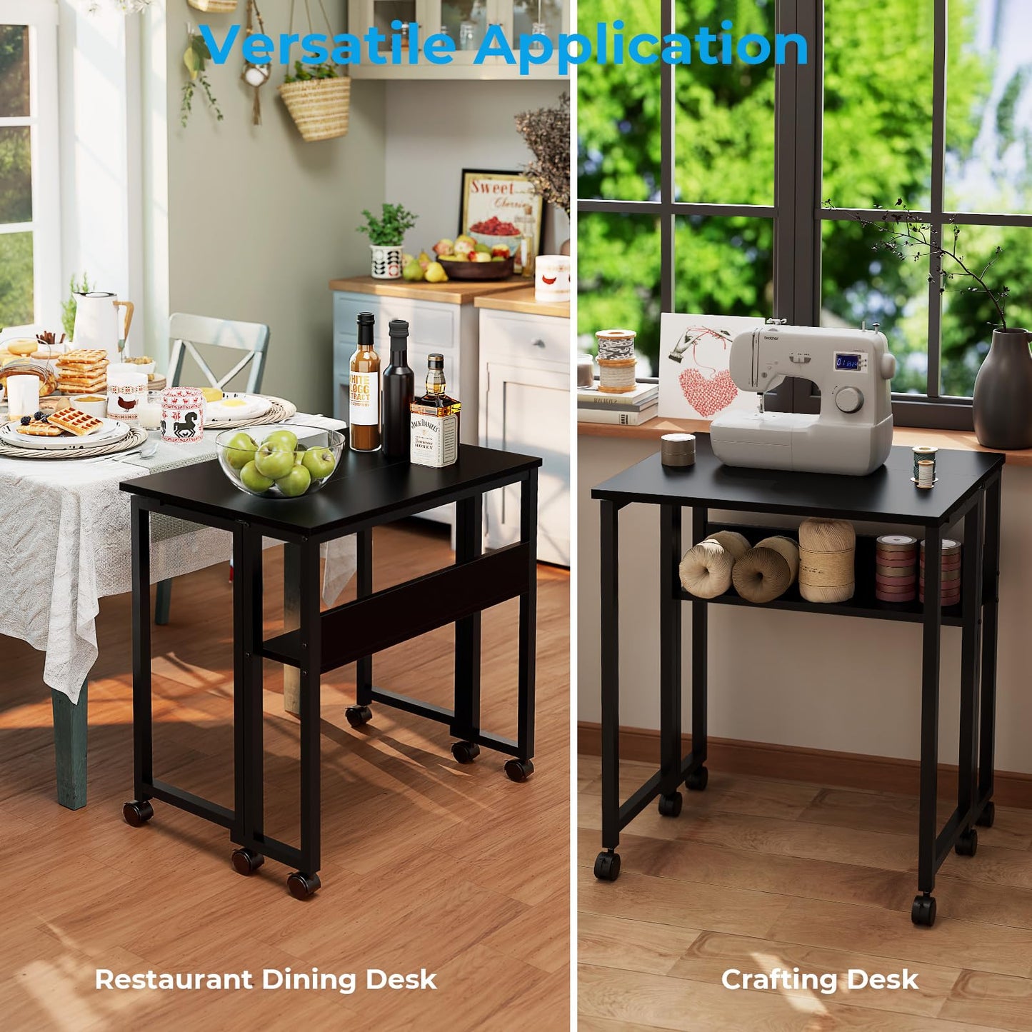 GreenForest Folding Desk with Wheels, 31.5 Inch Compact Rolling Computer Table with Storage Shelf, Portable Mobile Workstation for Small Spaces, Easy Assembly, Black