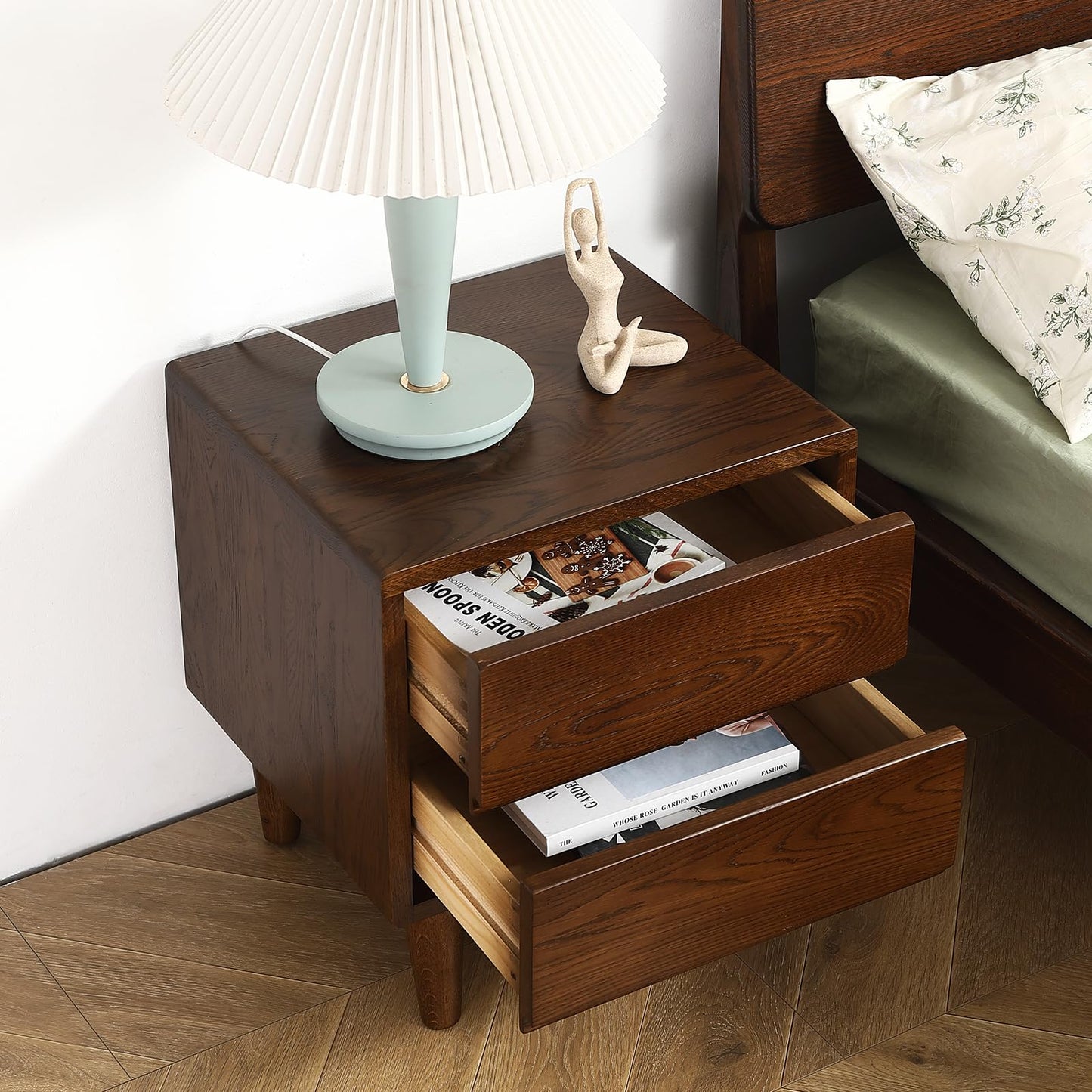 Solid Oak Wood Nightstand, Bedside Table with 2 Drawer, Mid-Century Luxury Night Stand, Modern Sofa Side End Table, Farmhouse Wooden Night Stand for Bedroom, Easy Assembly, Walnut Color