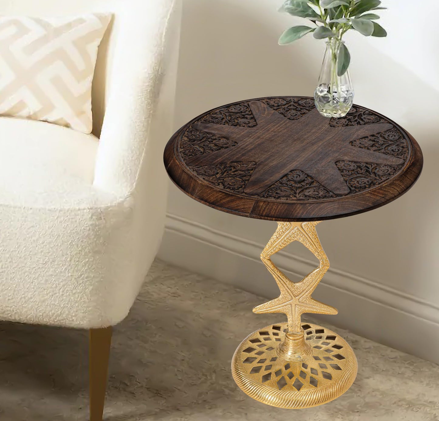 The Wooden Town Side Tables-Hand Carved Vintage Boho Folding End Tables for Living Room, Entryway,Living Room, Bedroom -No Tools Assembly, 18"x22" Burnt Brown with Gold Aluminium Alloy_ Star
